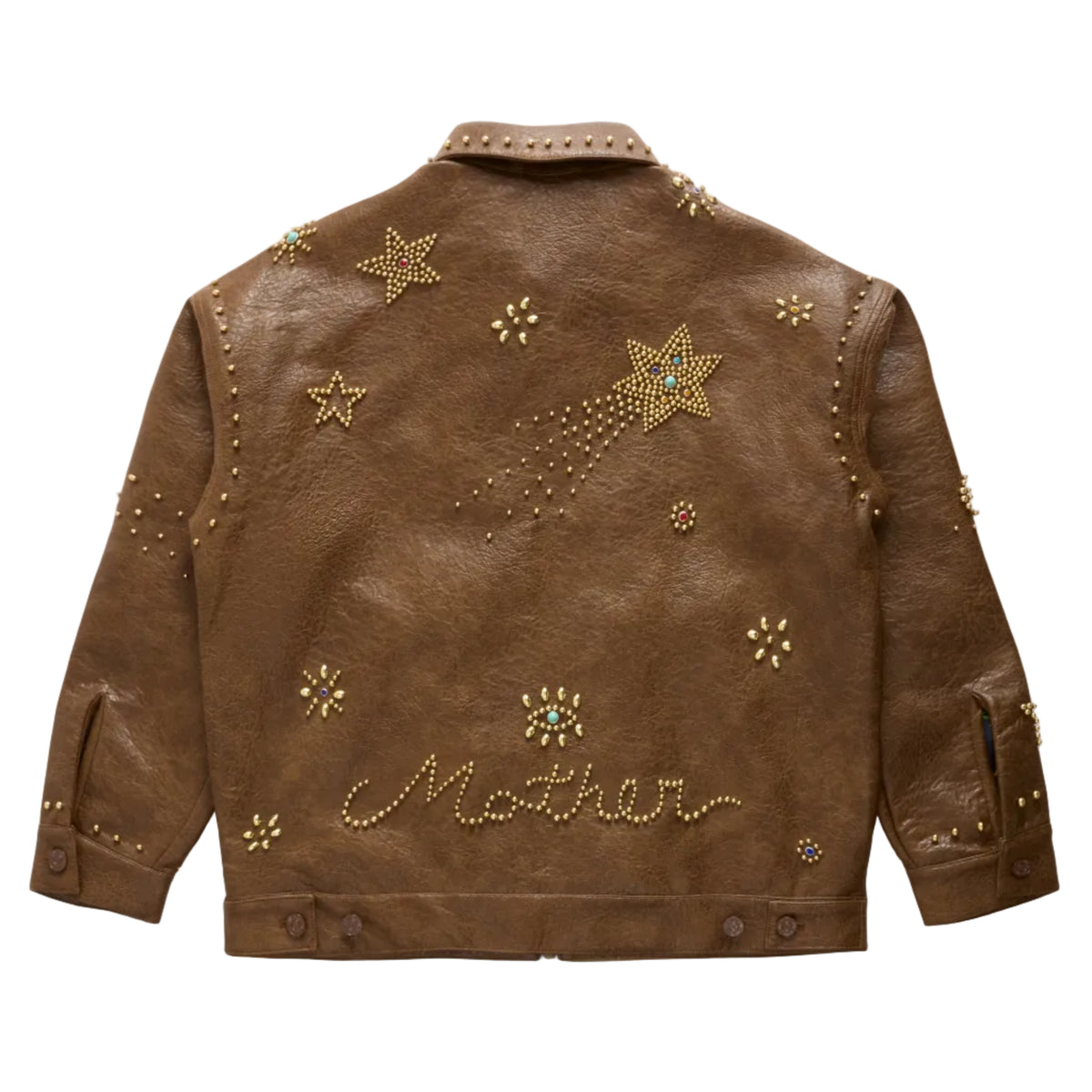 A brown faux-leather jacket shown from the back, decorated with gold star and flower embellishments, studded details, and the word 'Mother' written in script near the bottom.