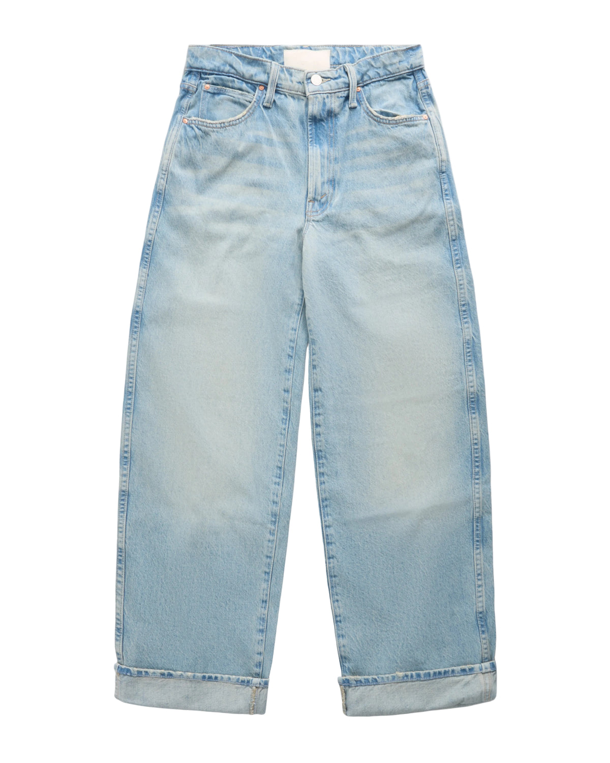 Light blue wide-leg denim jeans with a faded wash and rolled cuffs, shown flat against a white background.
