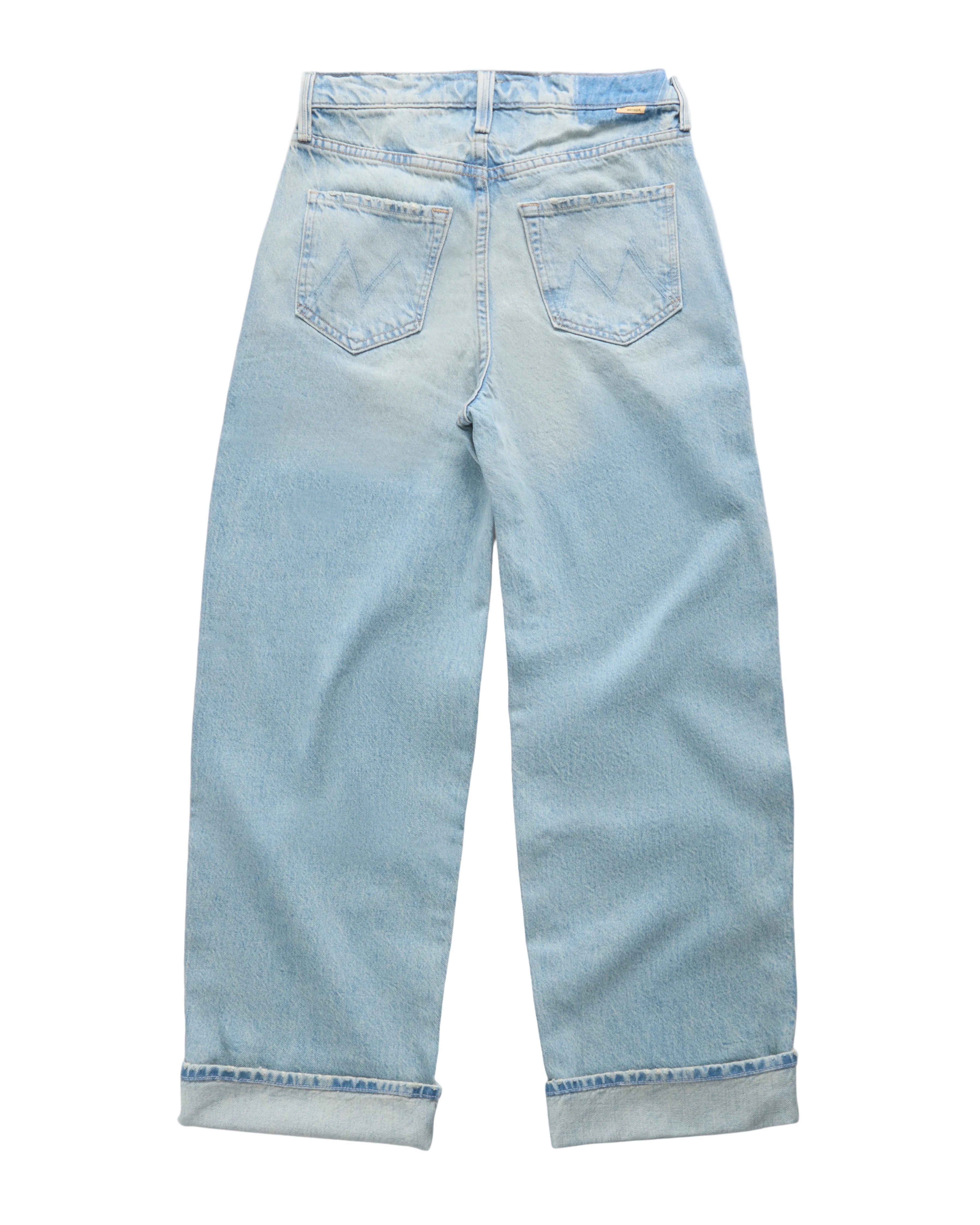 Light wash blue denim jeans shown from the back, featuring a straight-leg fit, classic five-pocket design, and rolled hems, photographed against a clean white background.