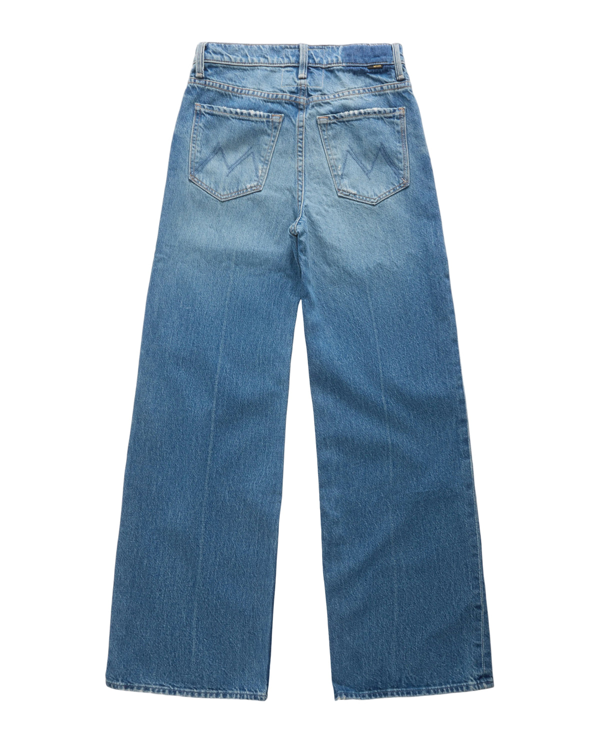 A pair of medium-wash blue denim jeans shown from the back, featuring classic quilted patch pockets and a straight-leg silhouette, laid flat against a white background.