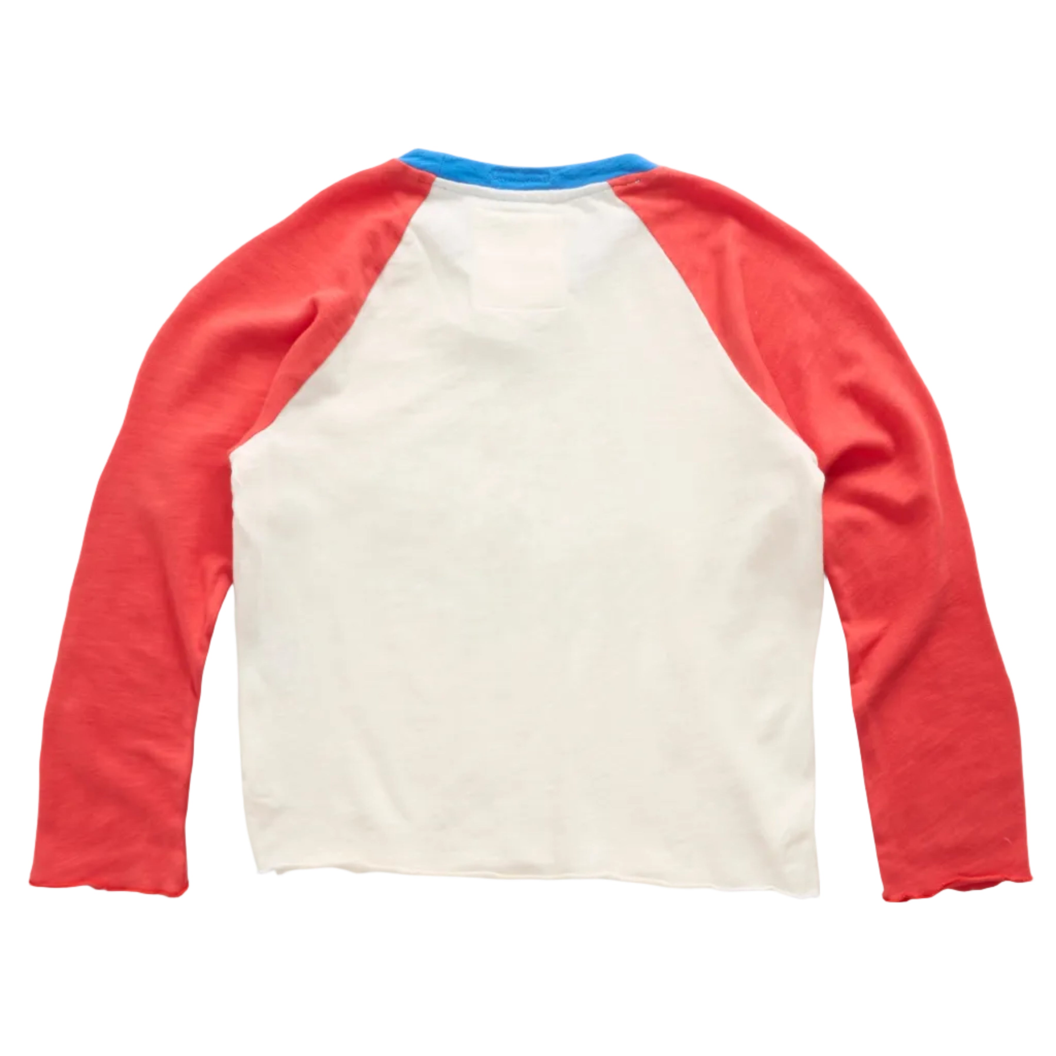 A raglan-style long-sleeve shirt shown from the back, featuring an off-white body, coral-red sleeves, and a bright blue ribbed neckband, laid flat against a white background.