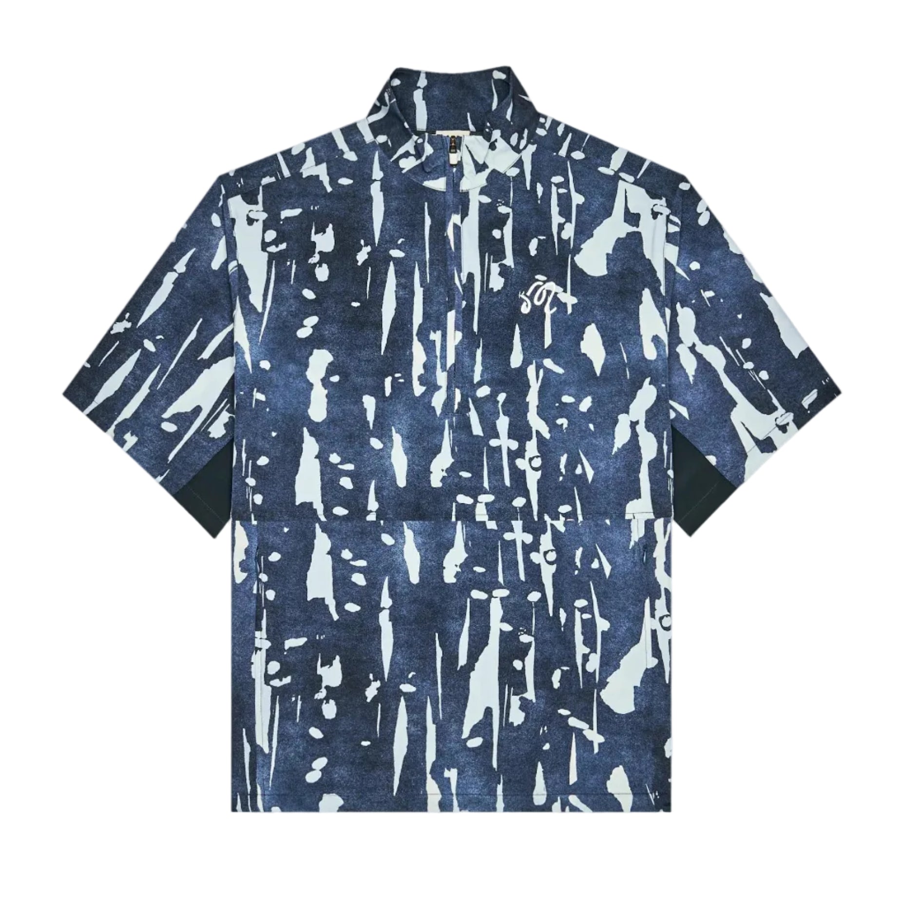 A short-sleeve button-up jacket with a blue and white abstract paint splatter pattern, featuring a stand collar and a small embroidered logo on the left chest, displayed on a clean white background.