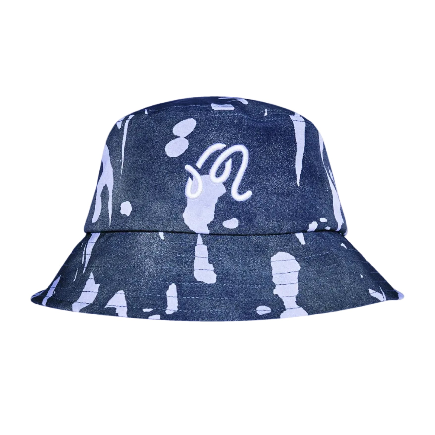 A navy blue bucket hat with a white paint splatter pattern and a stylized white 'M' logo on the front, set against a plain white background.