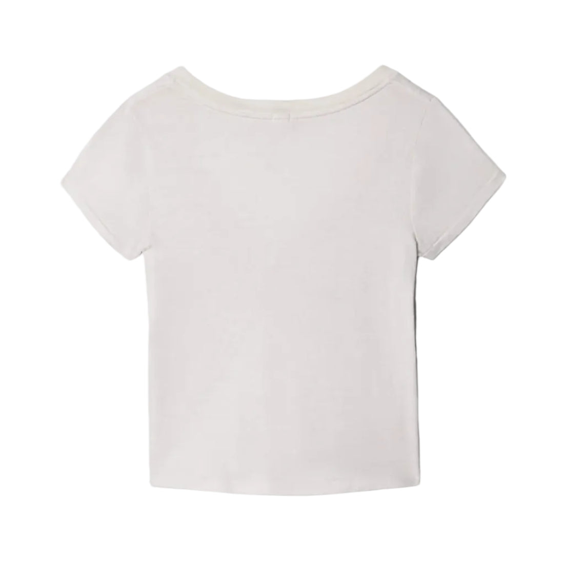 Back of a vintage white t-shirt laid flat on a white background.