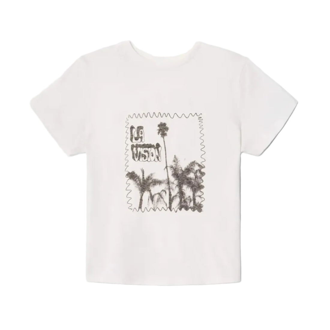 A white short-sleeve crewneck t-shirt featuring a vintage-style postage stamp graphic on the front with palm trees and the text 'LA VISION'.