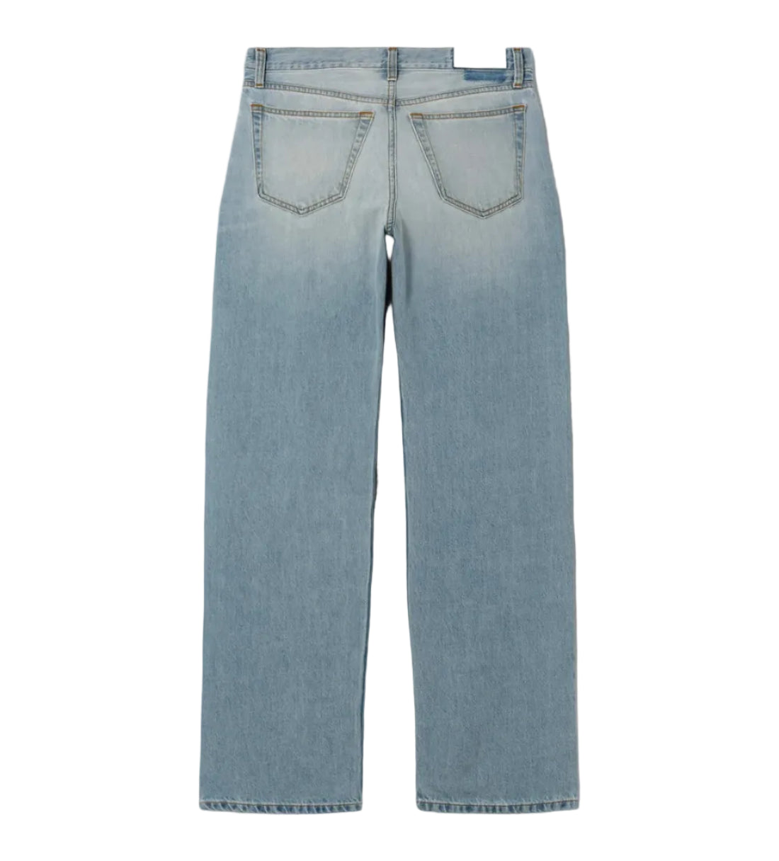Back view of light blue wash denim jeans by RE/DONE, straight-leg fit with faded finish, patch pockets, and a blank white brand label at the waistband, shown flat against a white background.