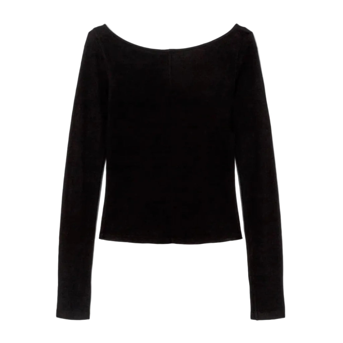 Back view flat-lay of a black long-sleeve top with a wide scoop neckline, shown against a white background.