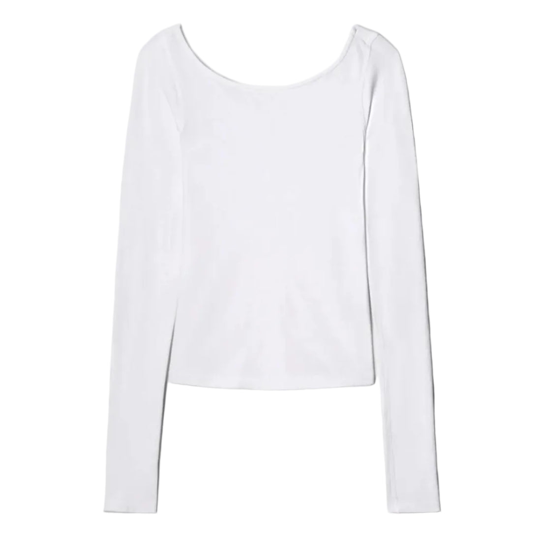 flat-lay of a white long-sleeve top with a wide scoop neckline, shown against a white background.