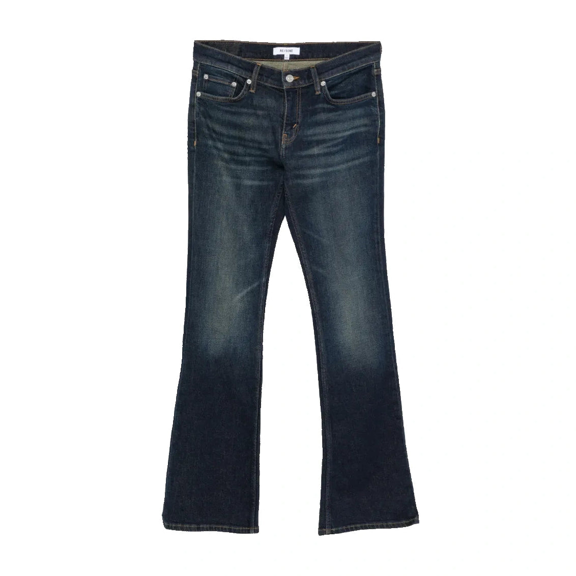 RE/DONE Comfort Stretch Micro Boot Jean laid flat. Dark indigo low-rise bootcut jeans with whiskering and fading.