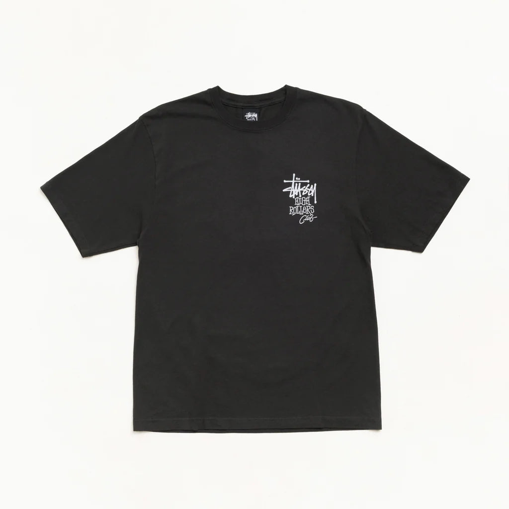 A black Stussy short-sleeve t-shirt with a small white chest logo, laid flat against a clean white background.