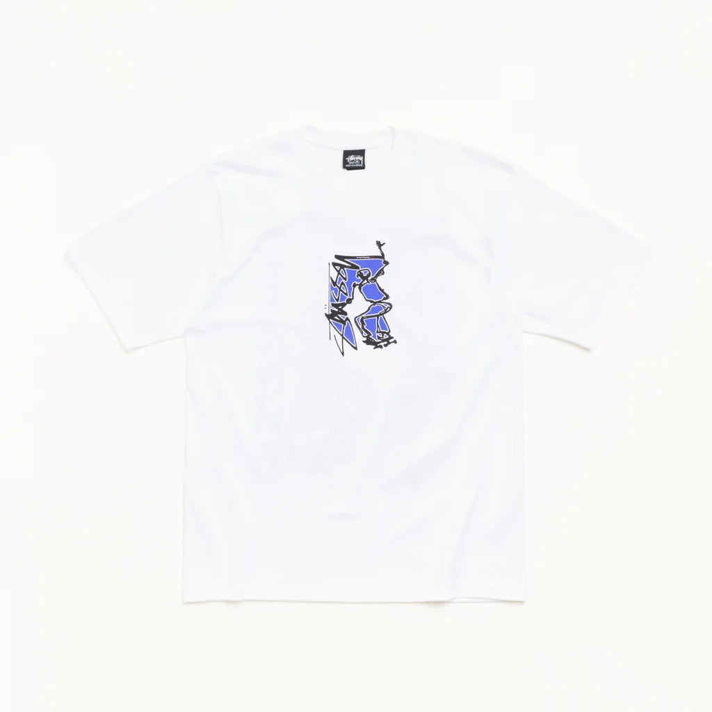 A white short-sleeve crewneck t-shirt featuring a small graphic print on the center chest of a blue and black stylized figure, laid flat against a clean white background.