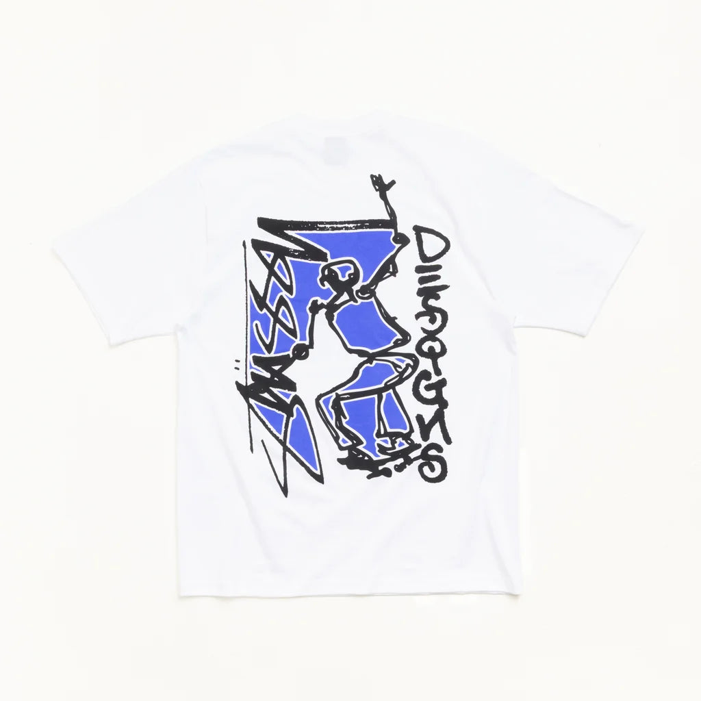A white short-sleeve t-shirt with a large blue and black graffiti-style graphic on the back, laid flat against a white background.