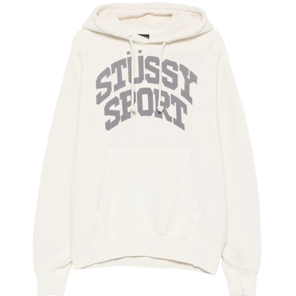 An off-white pullover hoodie featuring the words 'STUSSY SPORT' printed in a gray varsity-style font across the chest, displayed on a clean white background.