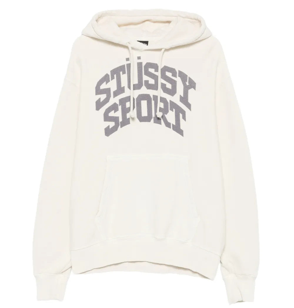 An off-white pullover hoodie featuring the words 'STUSSY SPORT' printed in a gray varsity-style font across the chest, displayed on a clean white background.
