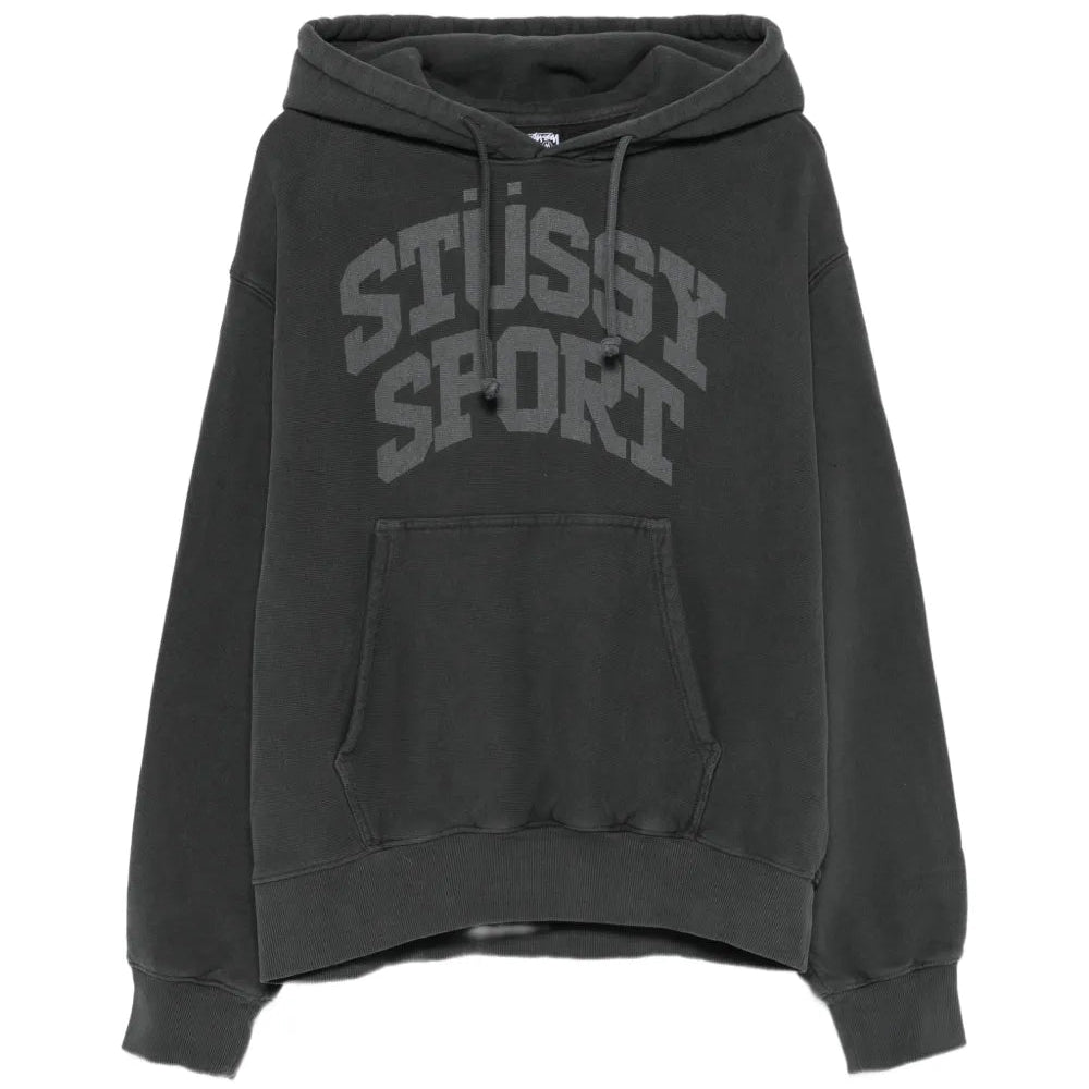 A faded black pullover hoodie with a tonal dark gray 'STUSSY SPORT' logo printed across the chest, displayed on a clean white background.