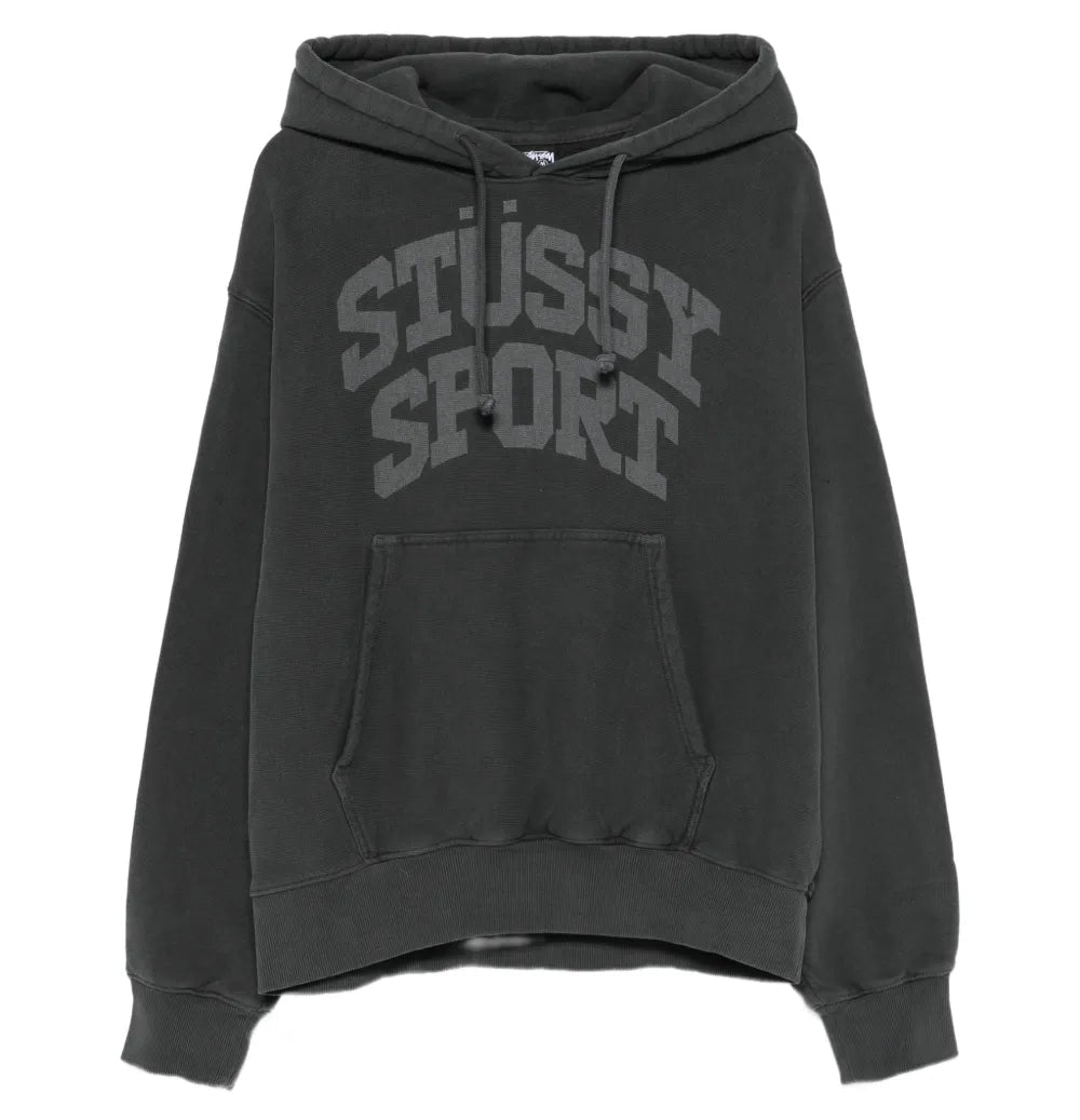 A faded black pullover hoodie with a tonal dark gray 'STUSSY SPORT' logo printed across the chest, displayed on a clean white background.