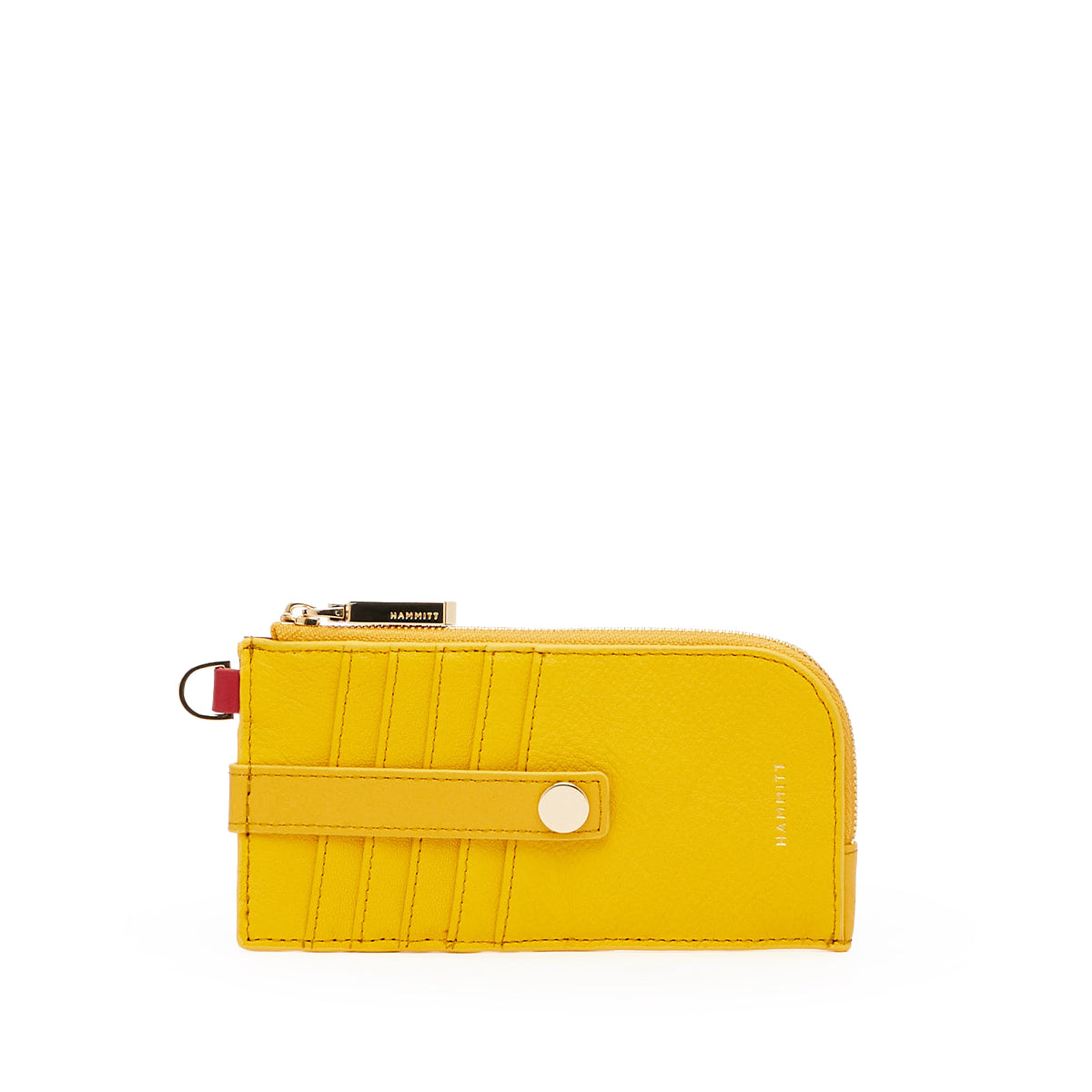 A bright yellow zip-around wallet with card slots, a horizontal snap strap, and gold-tone hardware, shown on a plain white background.