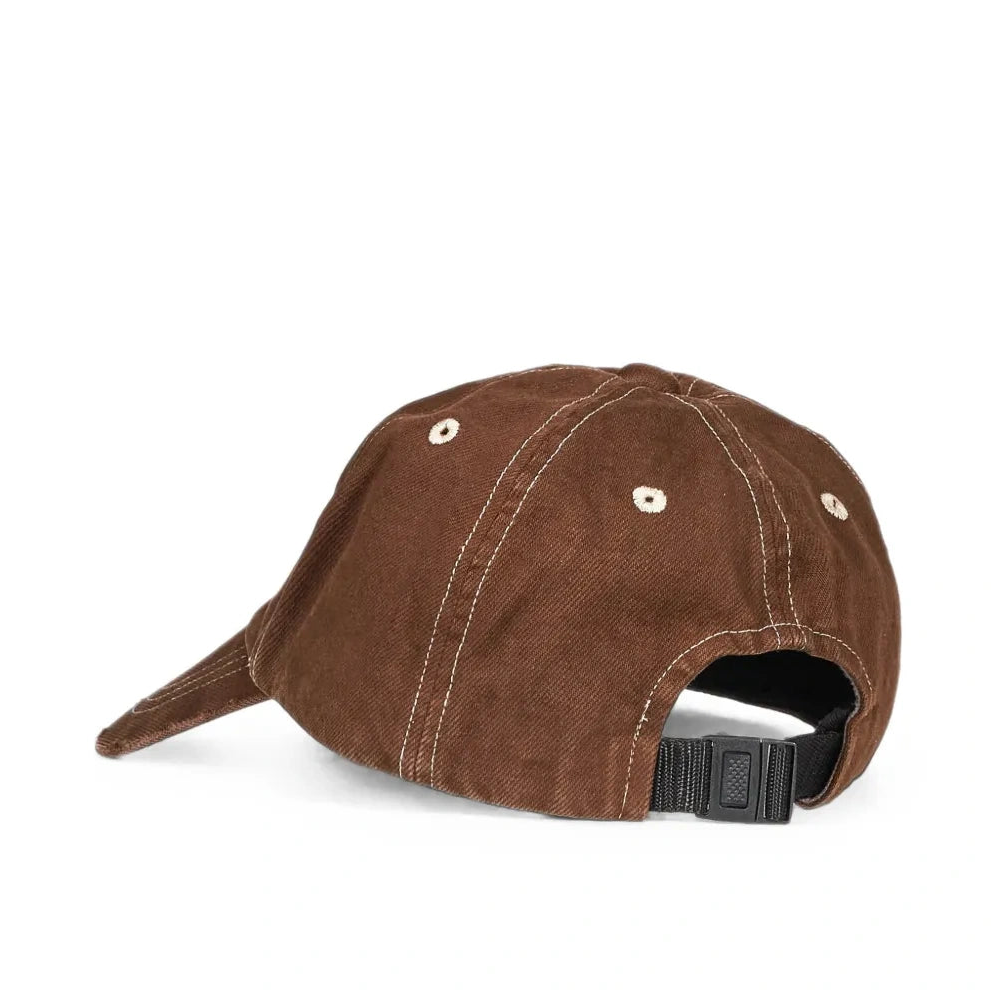 Back three-quarter view of the brown Logo Cap, showing the cream topstitching, embroidered eyelets and the adjustable strap with a black buckle.