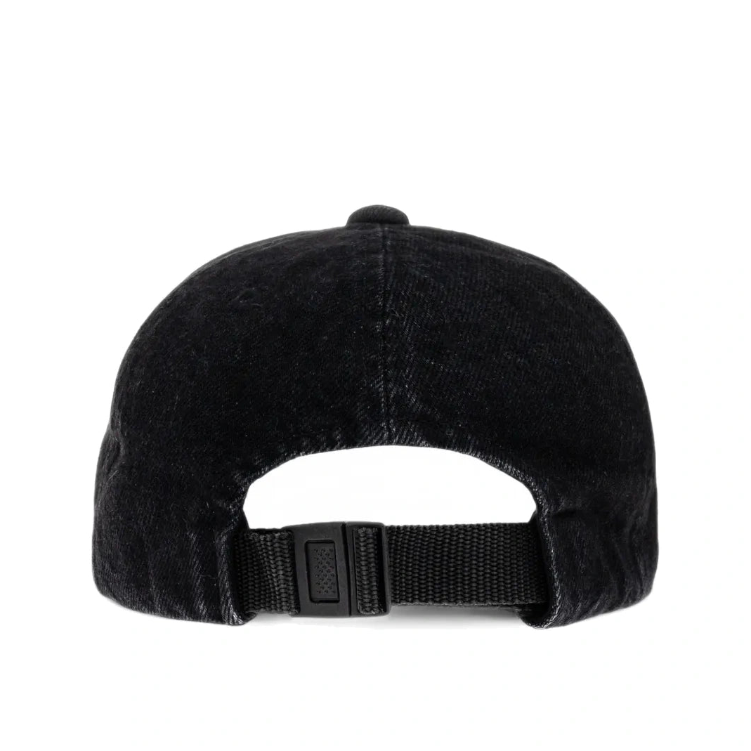 Back view of the black denim SFTM Cap, showing the adjustable strap with a black buckle.
