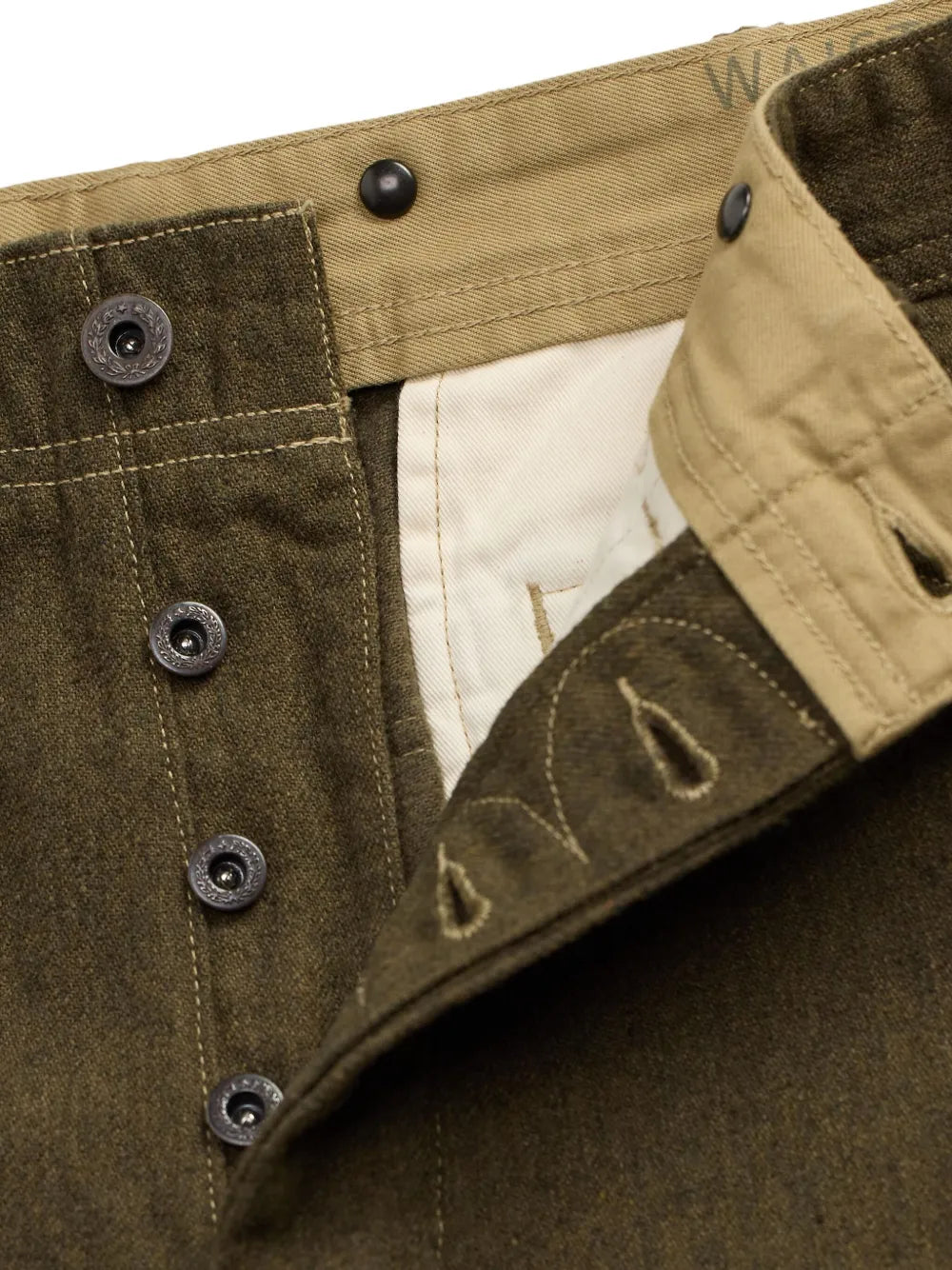 RRL Regiment Fit Paneled Twill Cargo Pant waistband detail showing snap buttons and belt loops