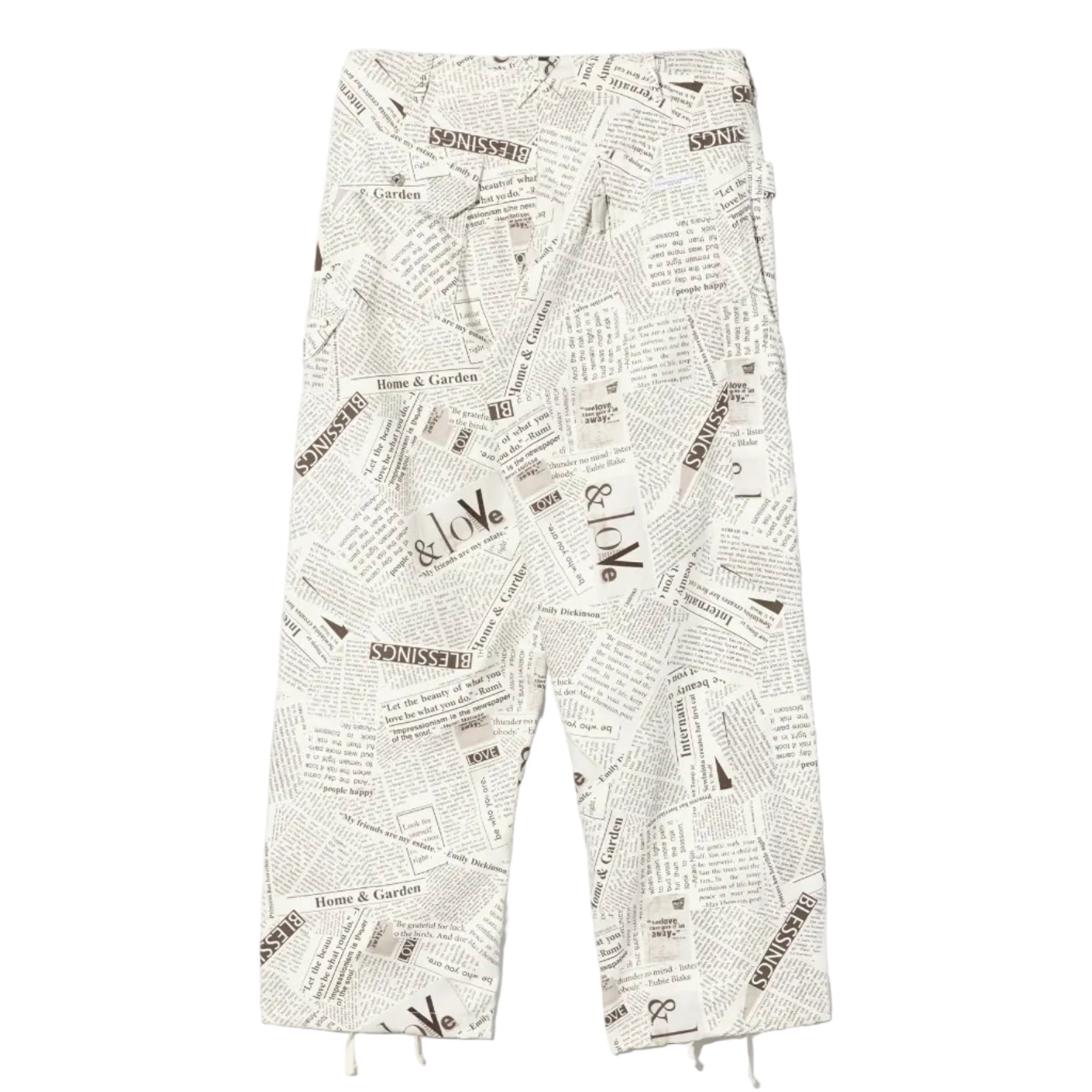 Pants with newspaper print on a white background
