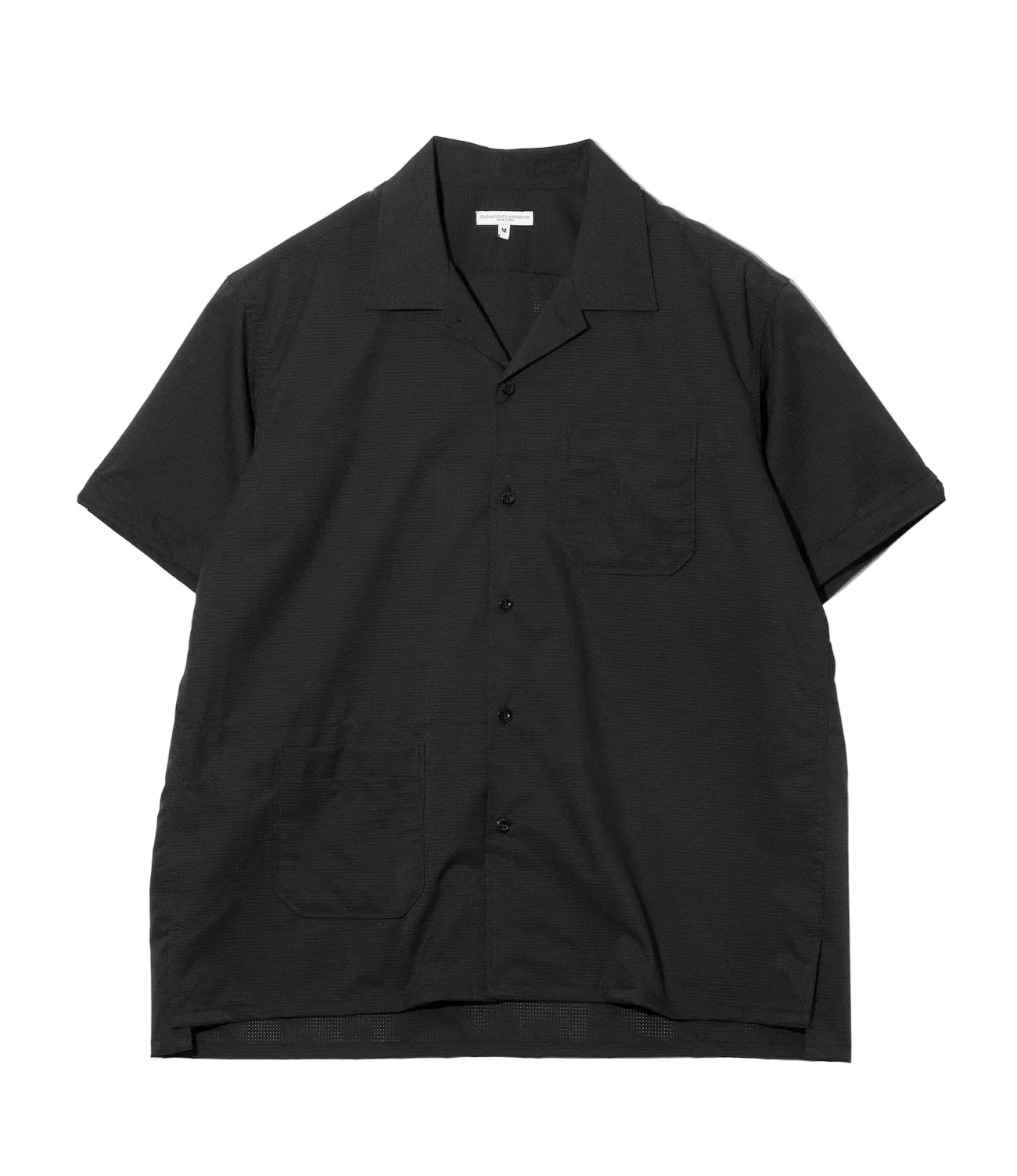 Black short-sleeve shirt with open collar on a white background