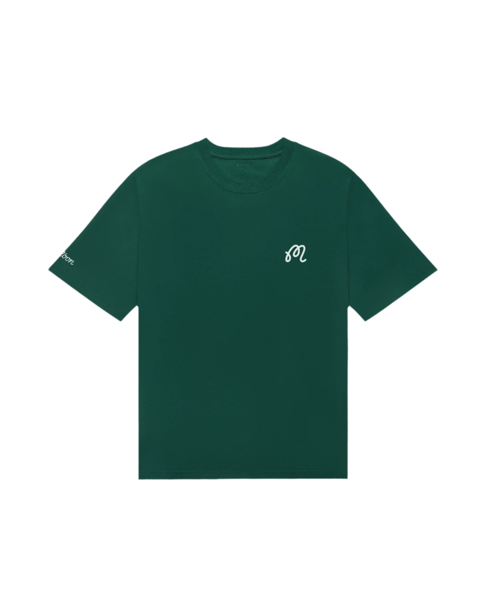 Green t-shirt with a white logo on a white background