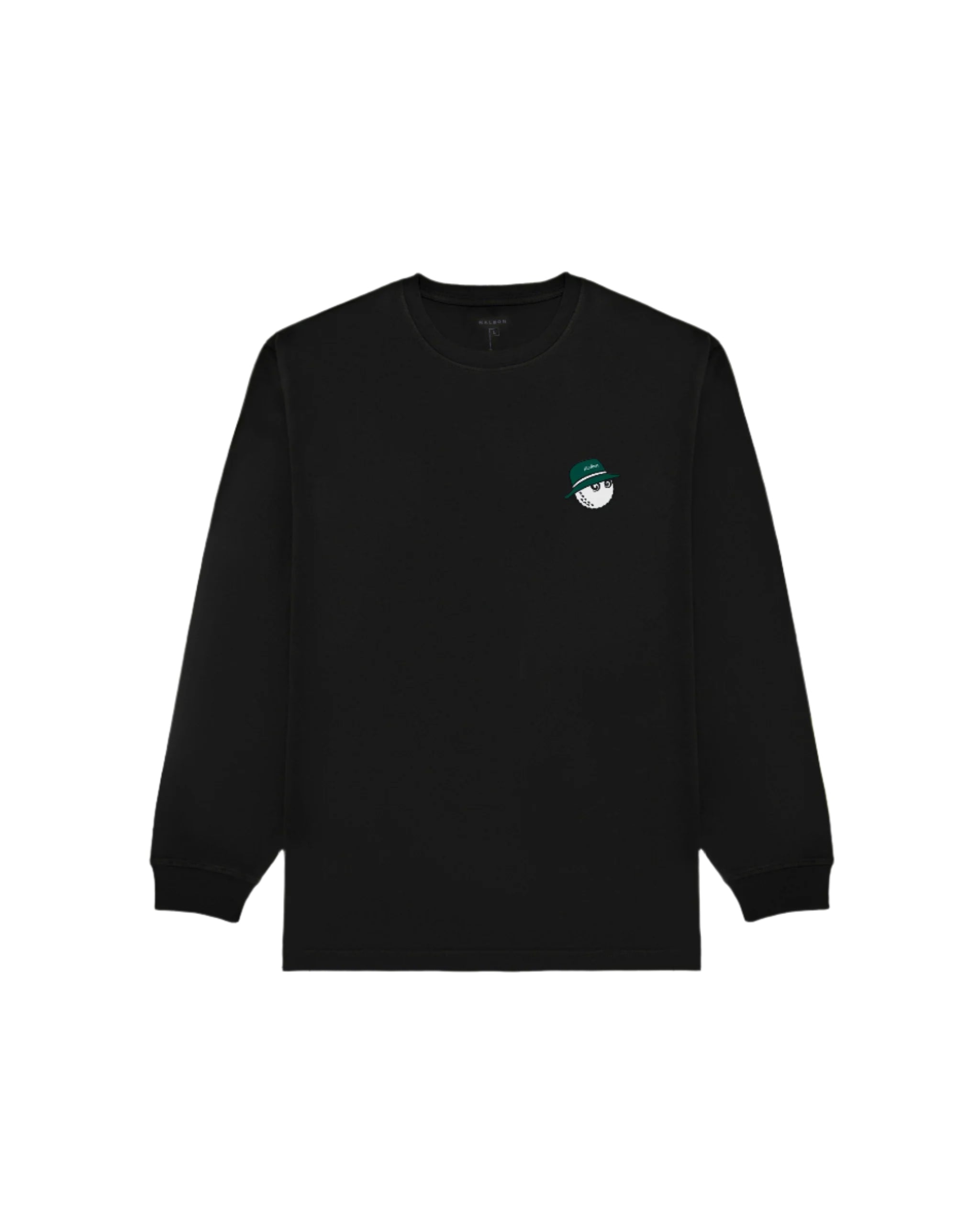 Black long-sleeve shirt with a small green logo on a white background