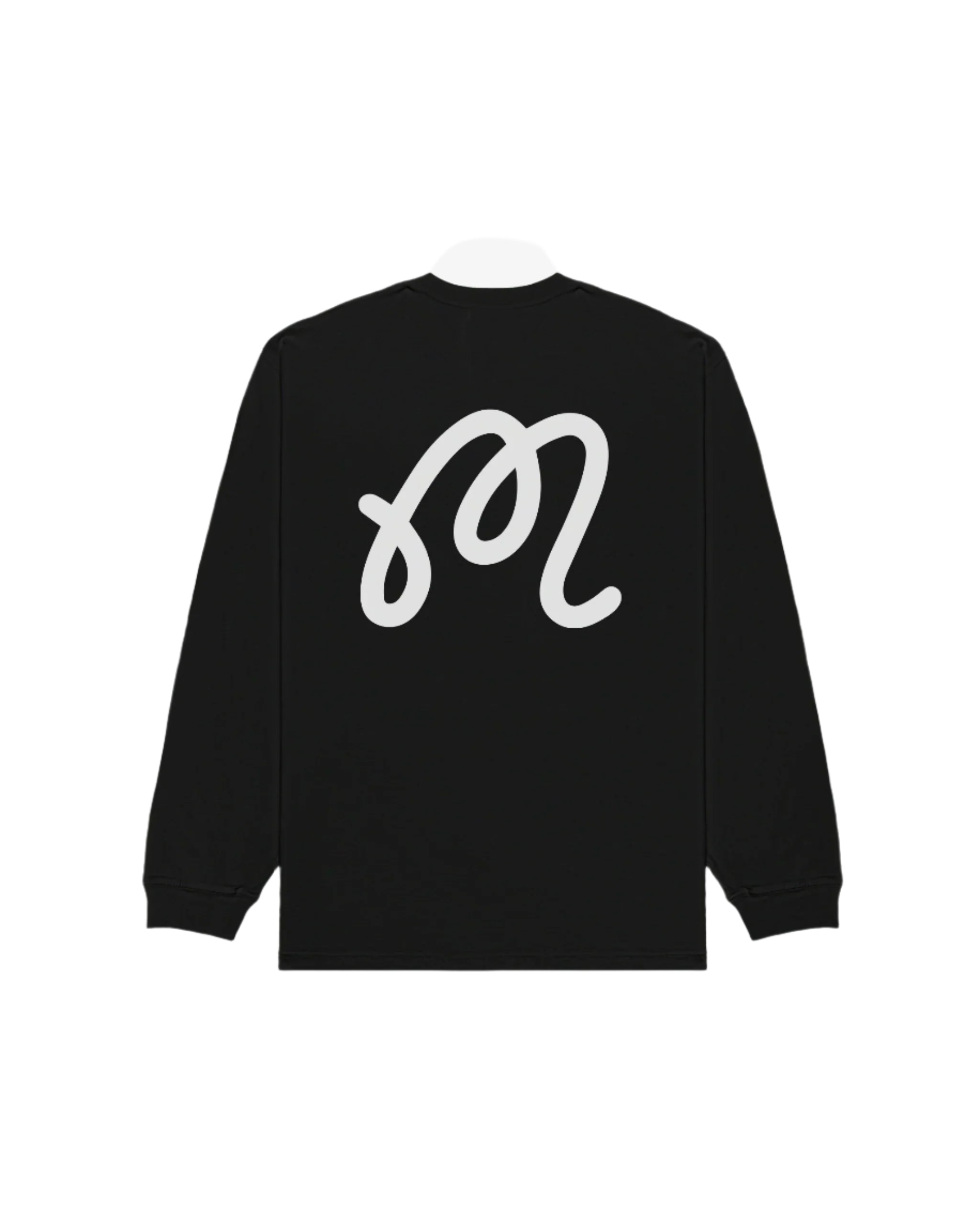Black sweatshirt with a white logo on the back against a white background