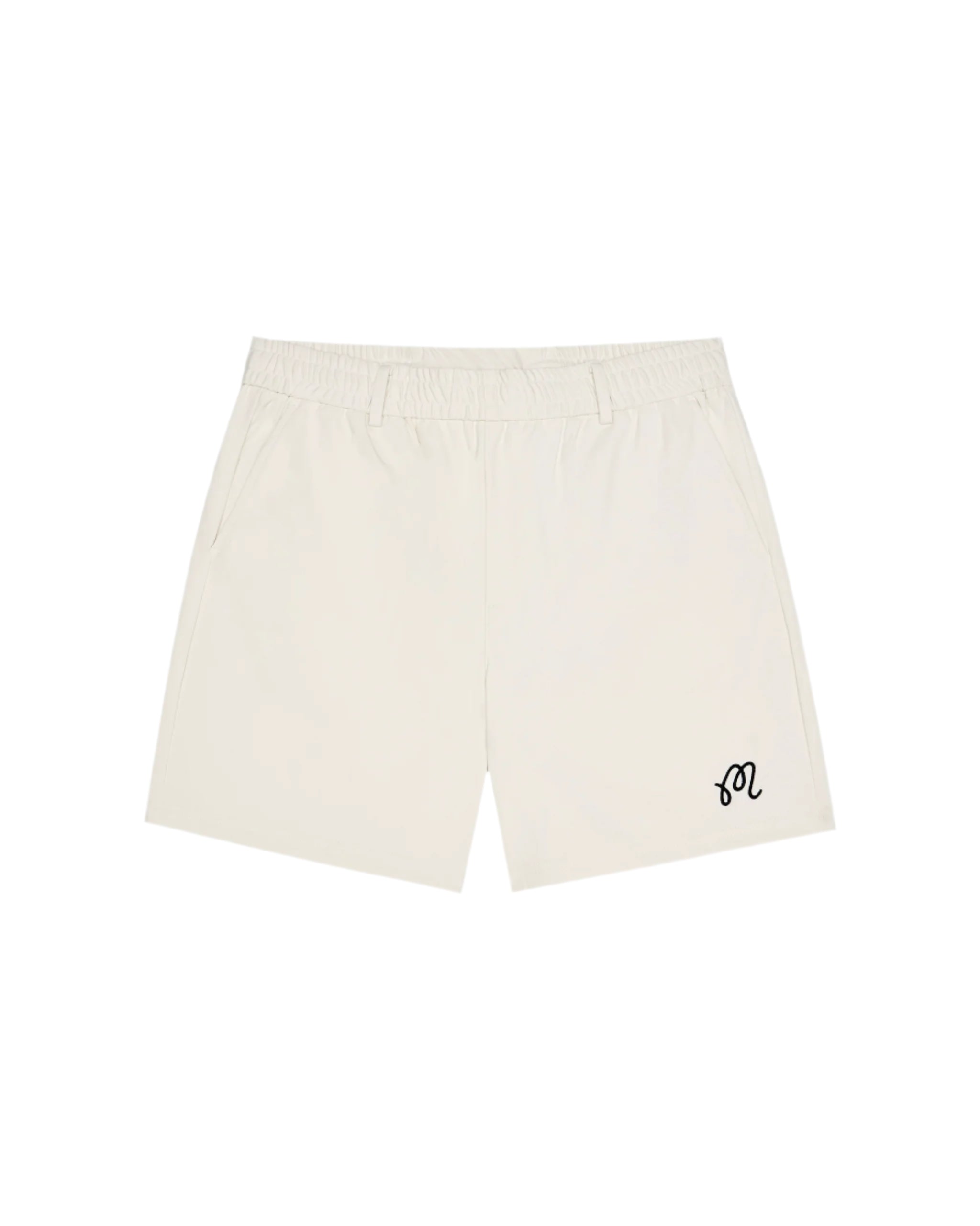 Beige shorts with a black logo on a white background