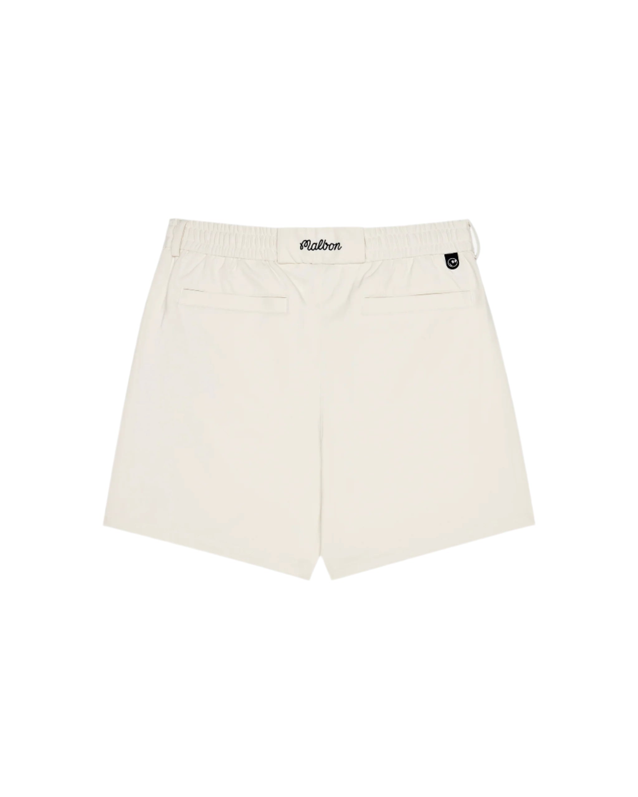 Beige shorts with a brand logo on a white background
