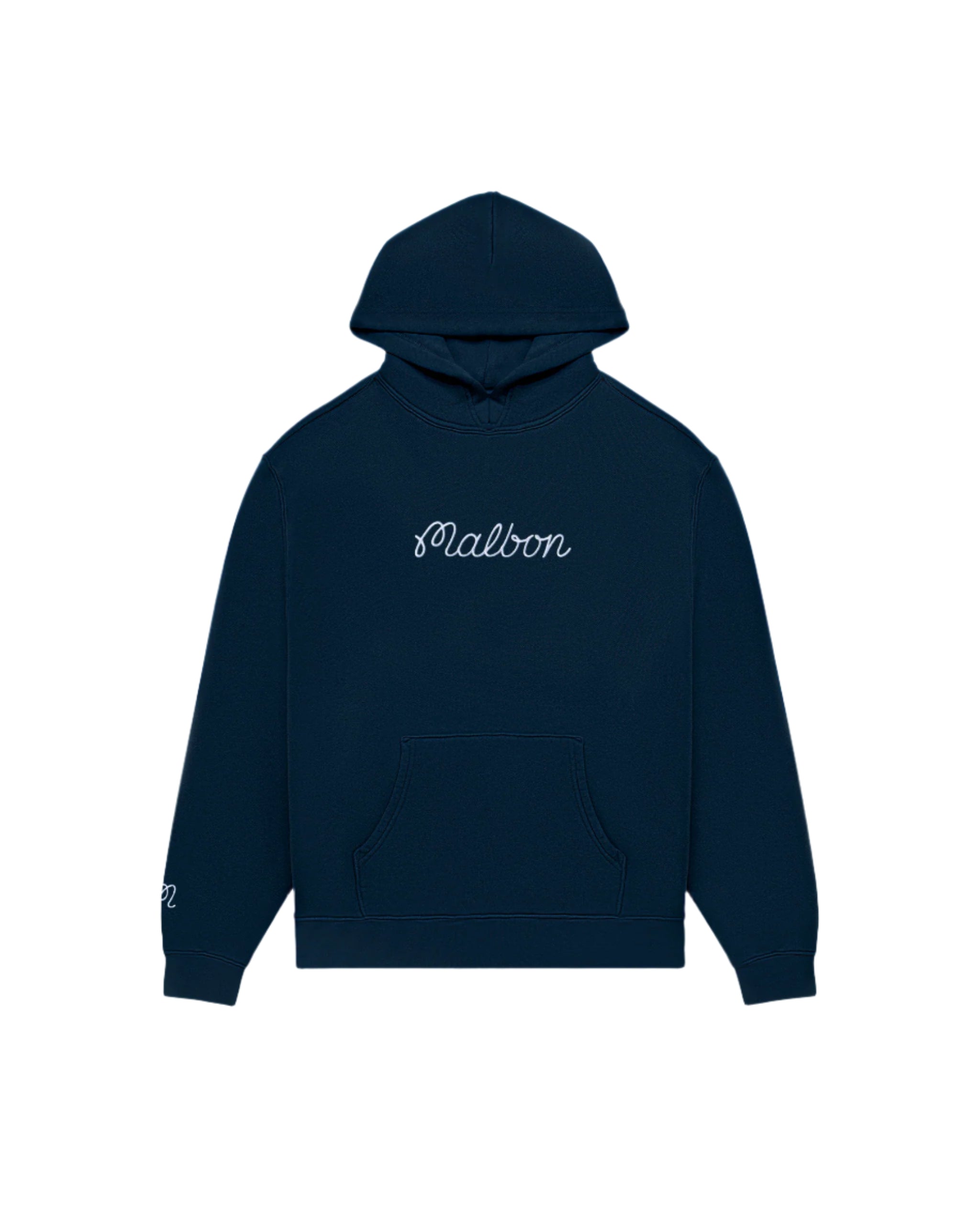 Navy blue hoodie with 'Malbon' branding on a light gray background