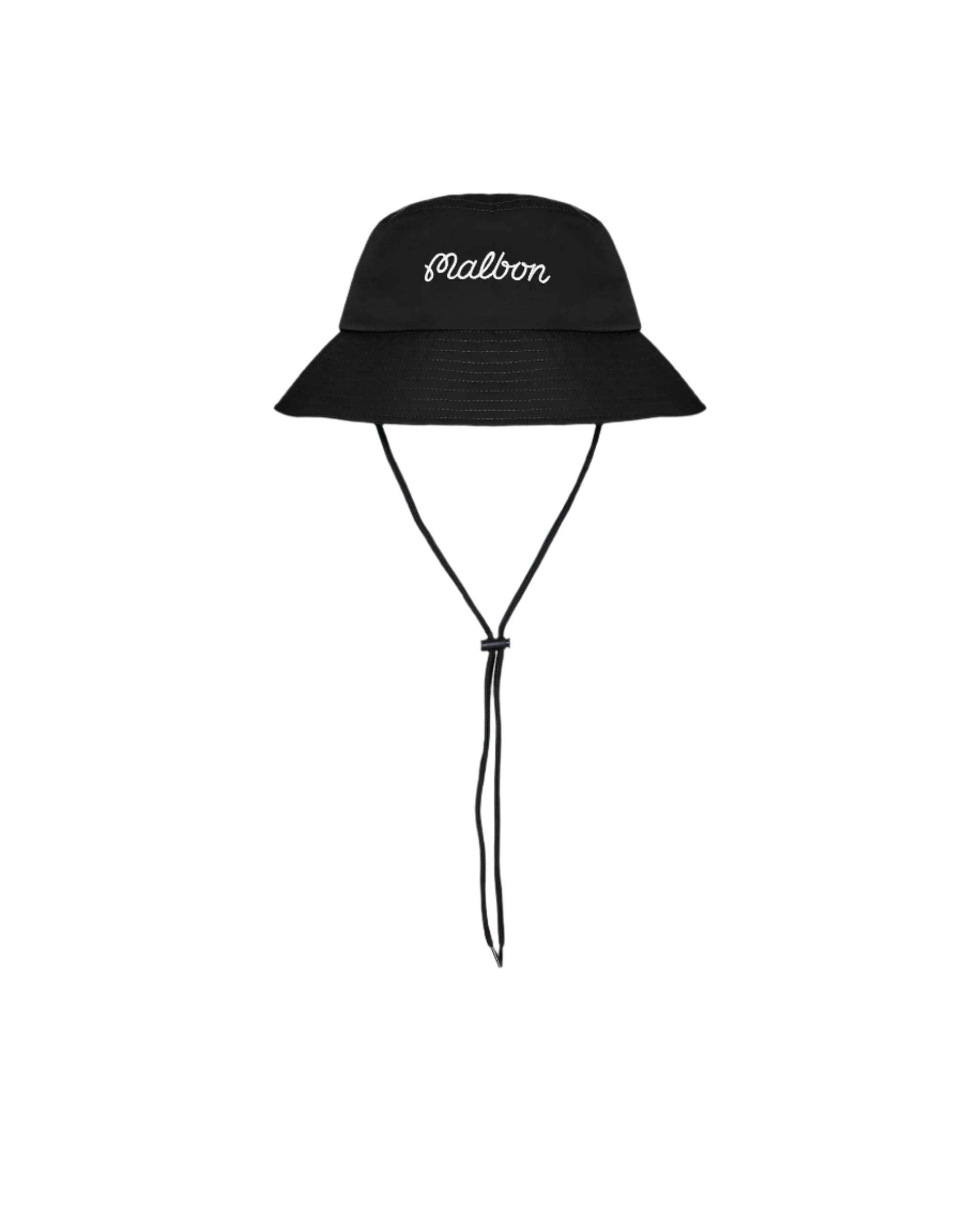 Black bucket hat with a brand logo on a white background