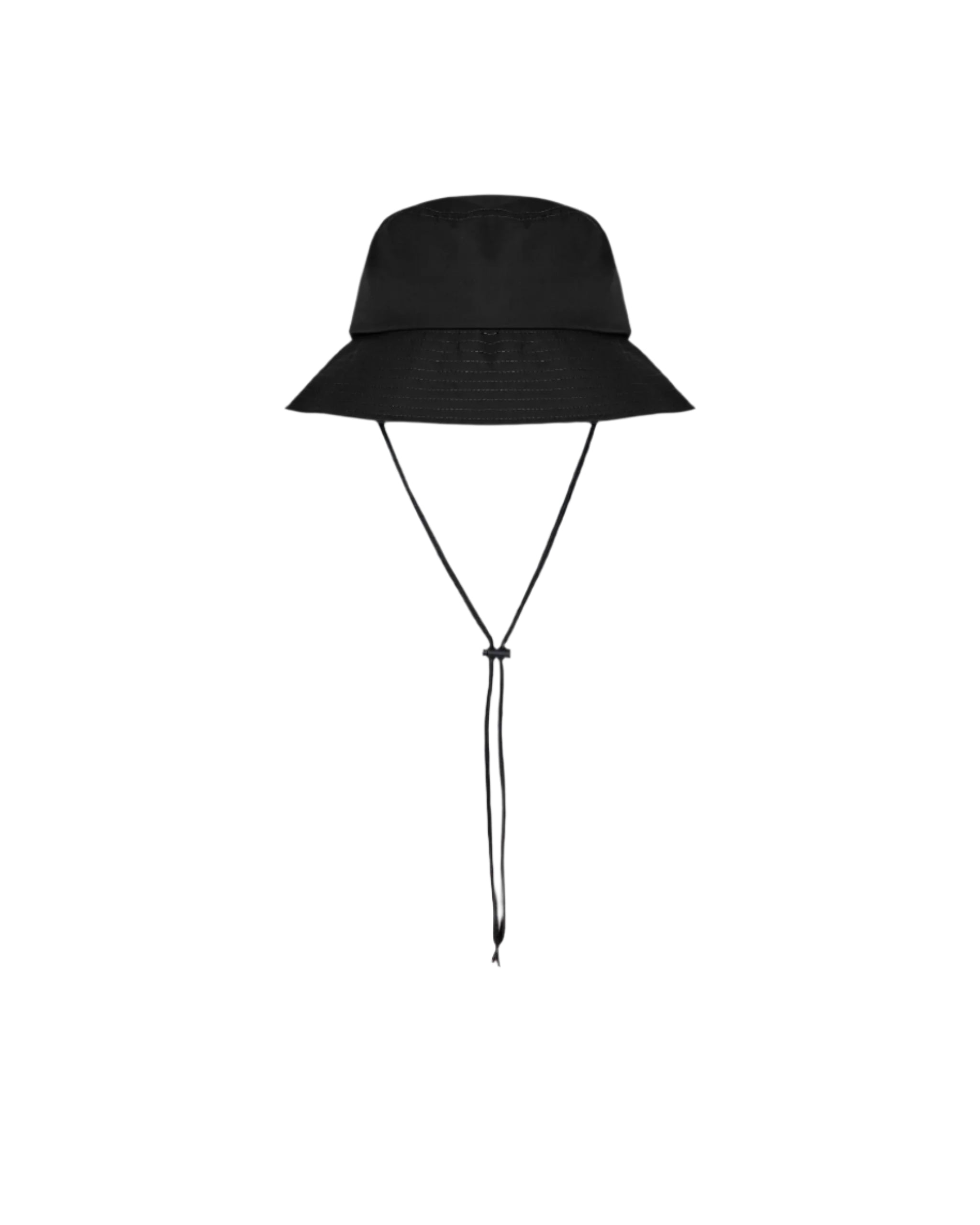 Black bucket hat with a strap on a white background