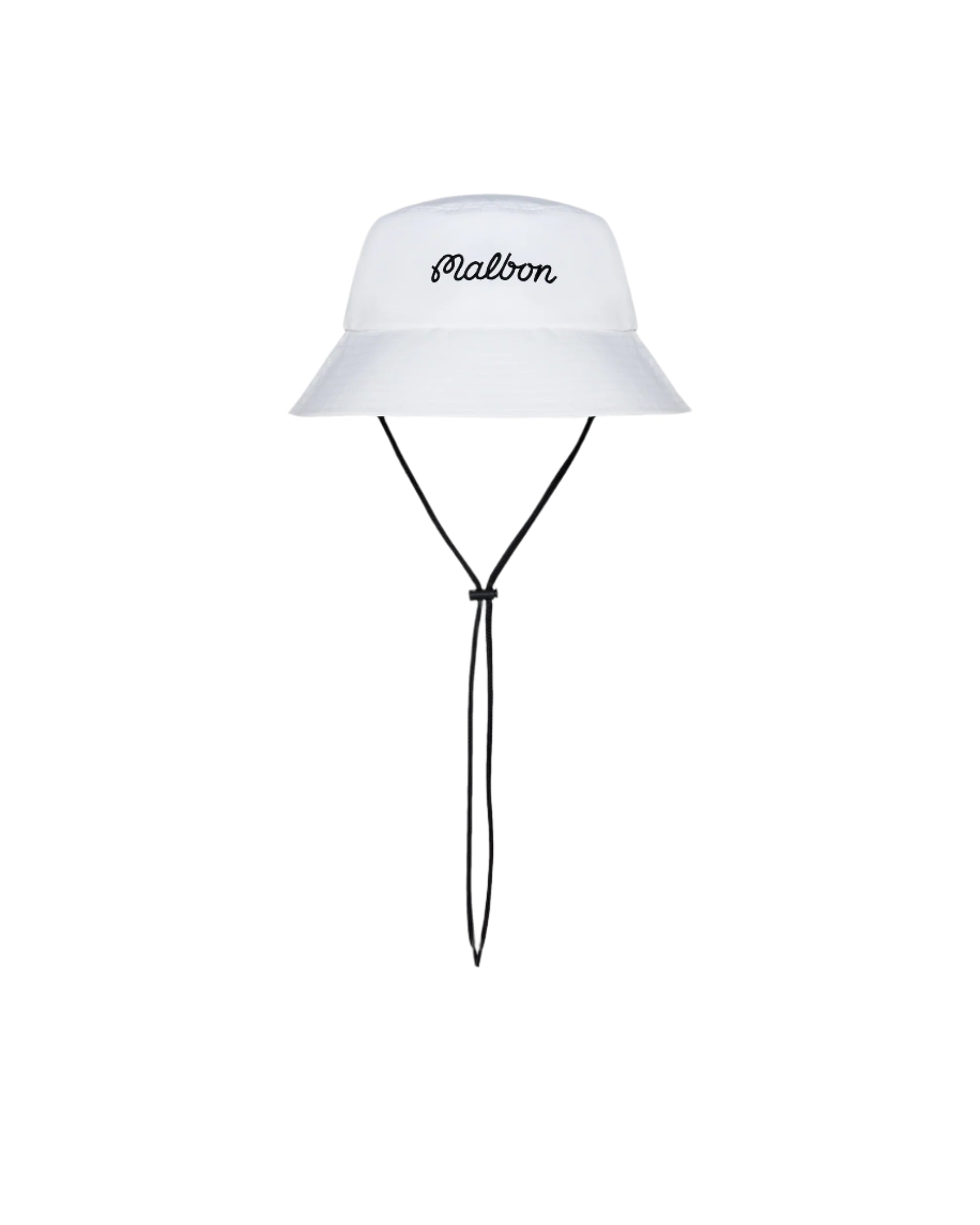 White bucket hat with 'Malbon' branding on a white background