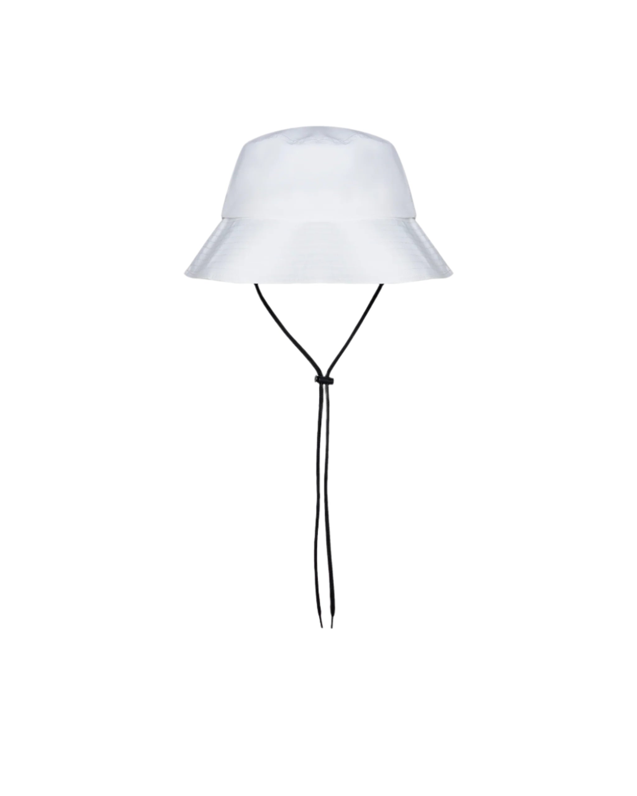 White bucket hat with a black drawstring on a white background