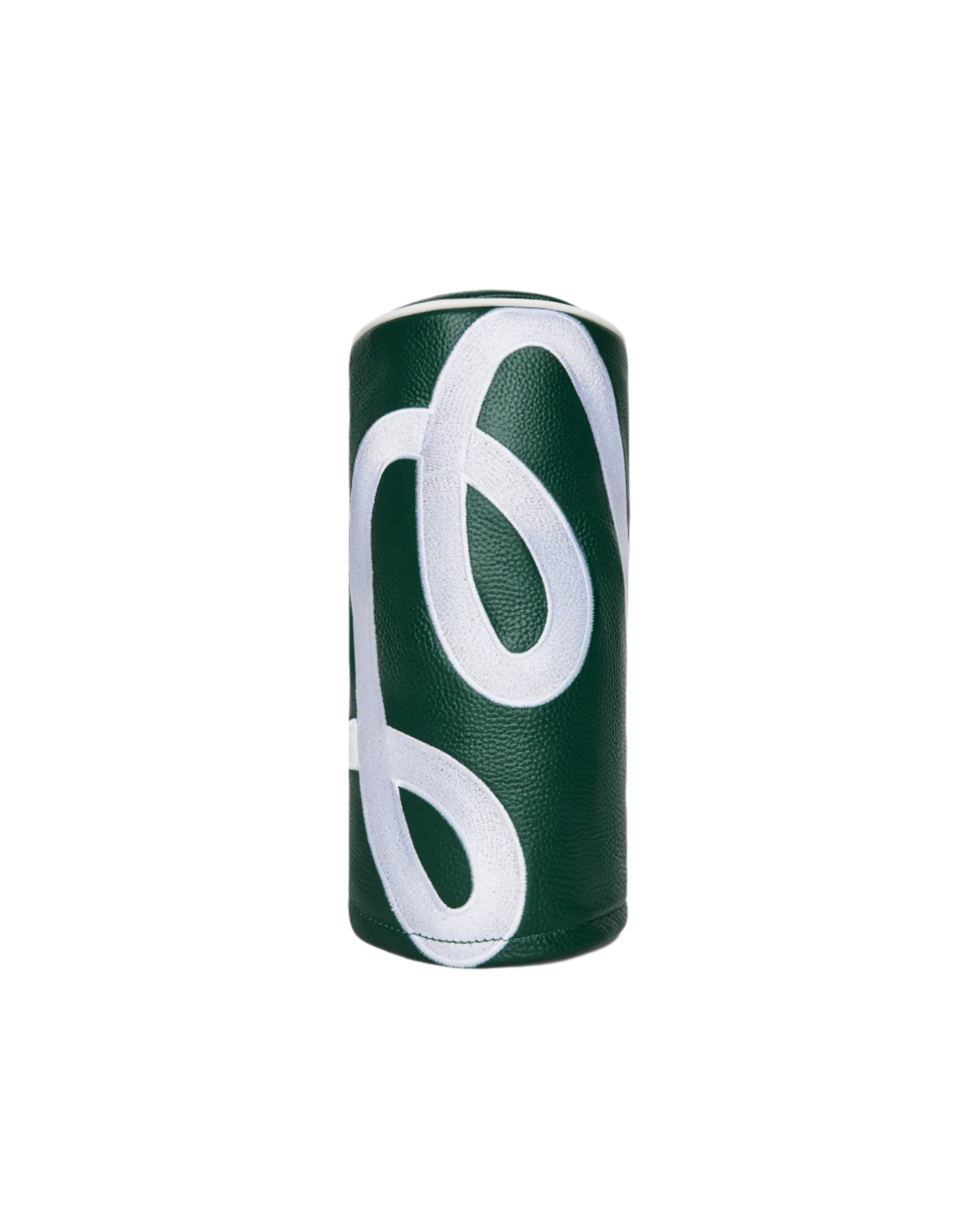 Green cylindrical object with a white logo on a white background