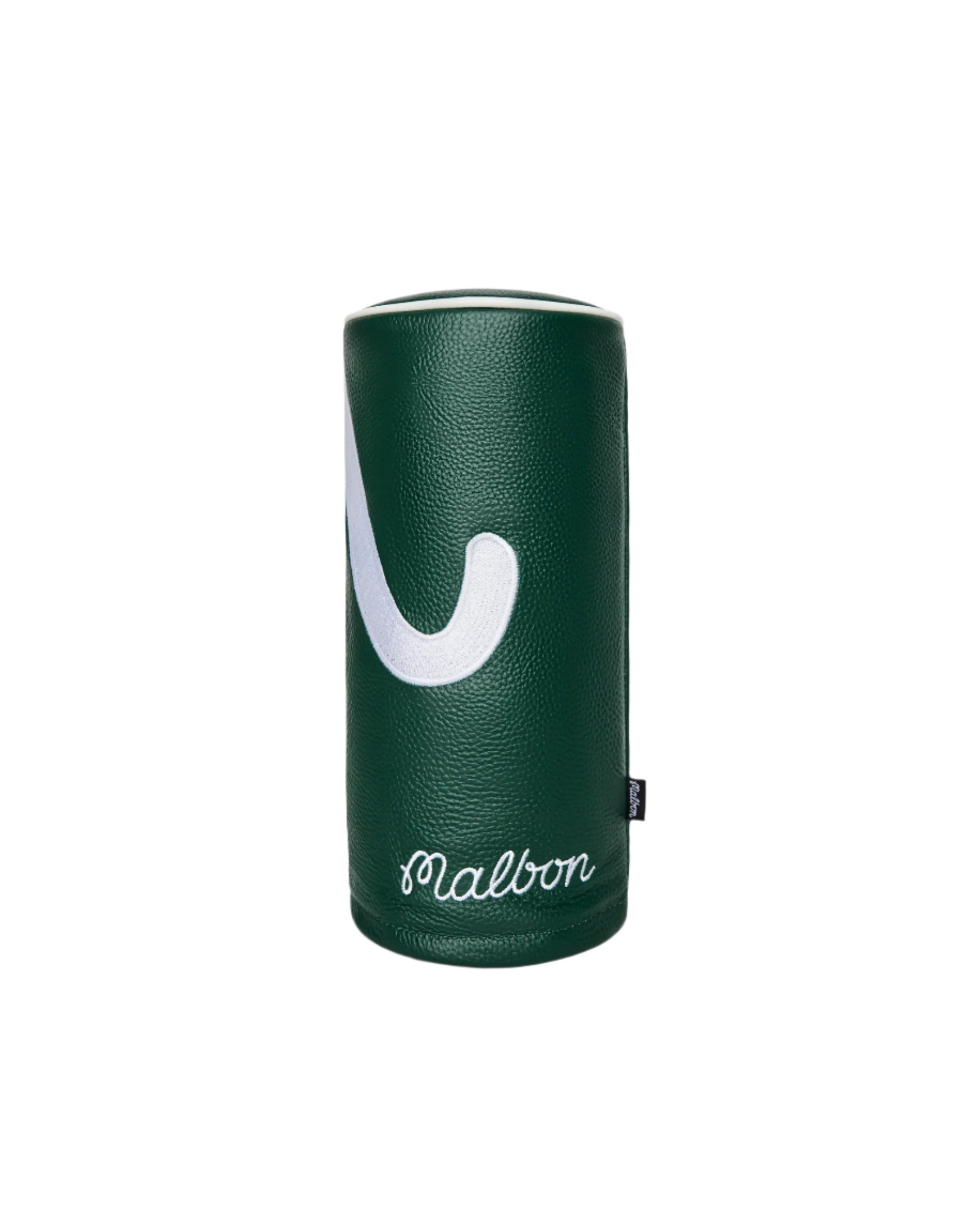 Green cylindrical product with a white logo on a white background