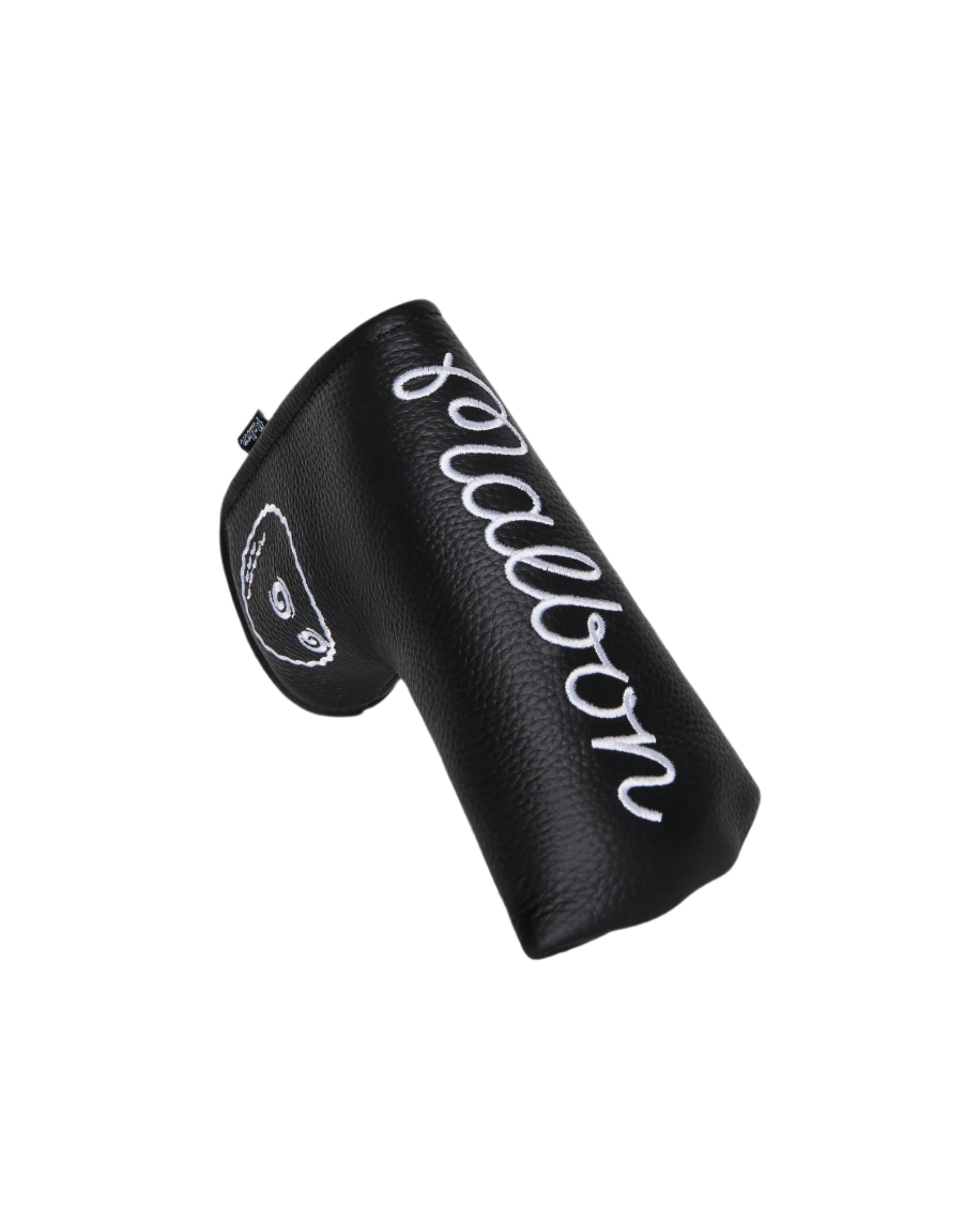 Black golf club head cover with 'Malbon' branding on a white background