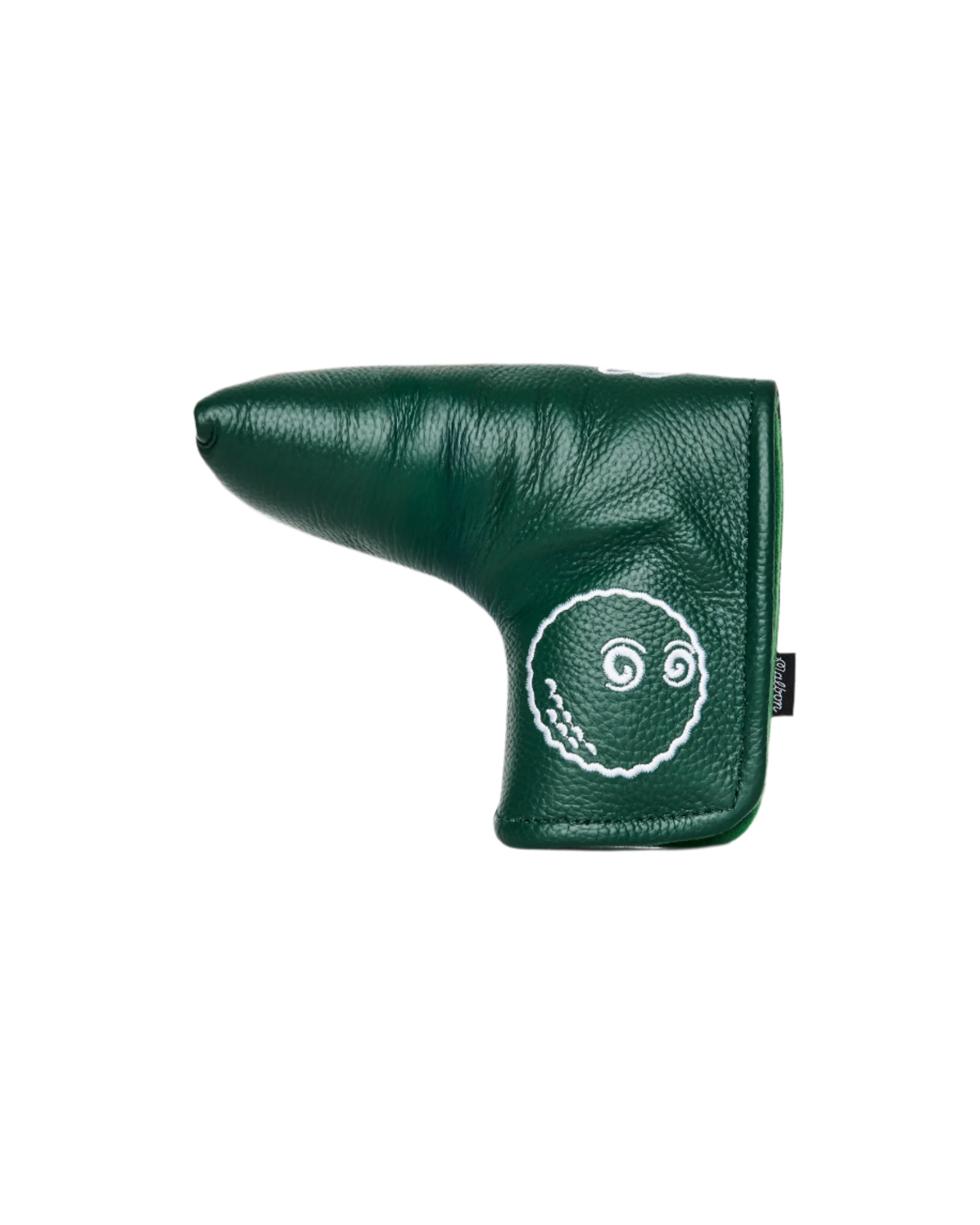 Green golf club head cover with a white logo on a white background