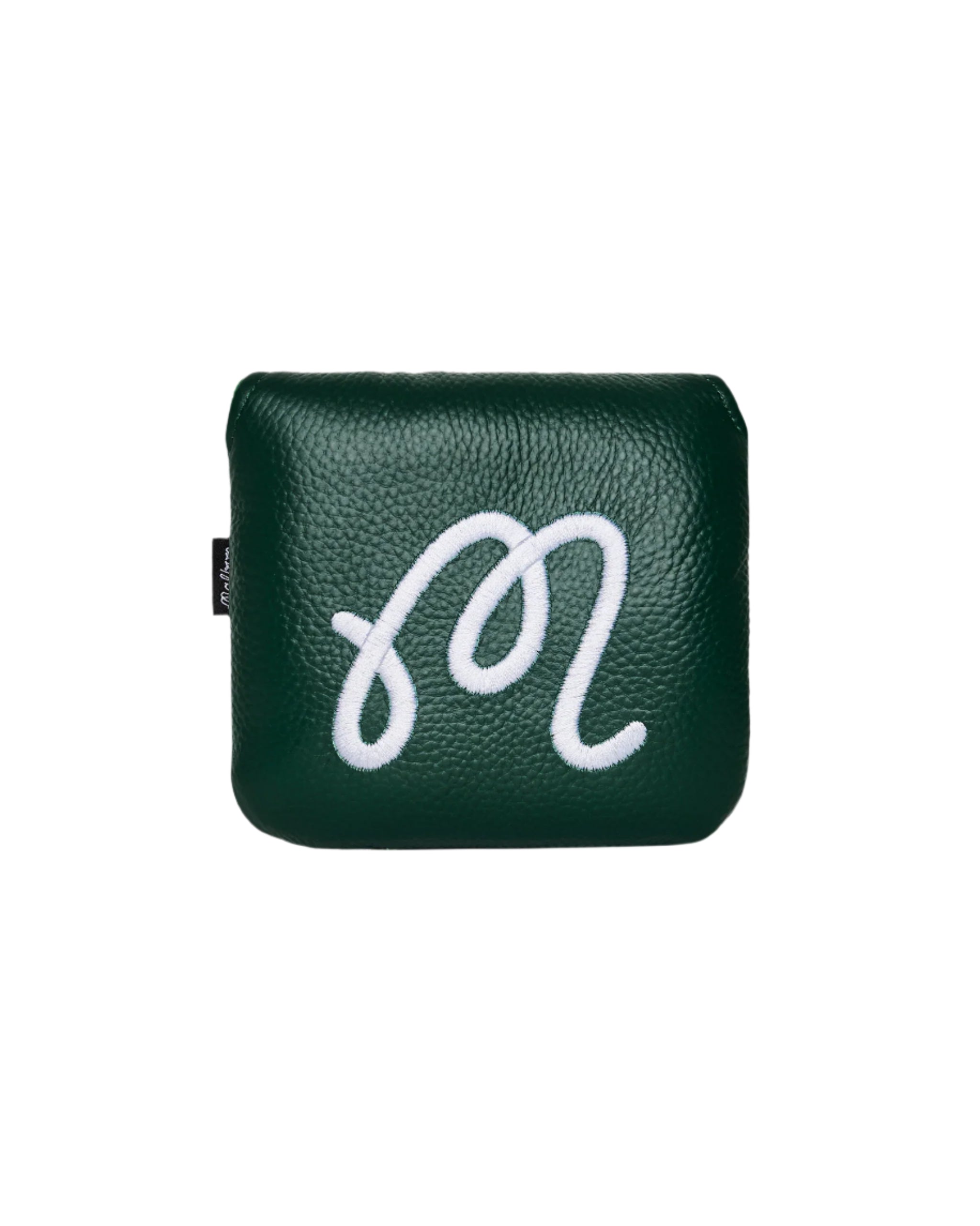 Green leather pouch with a white logo on a light gray background