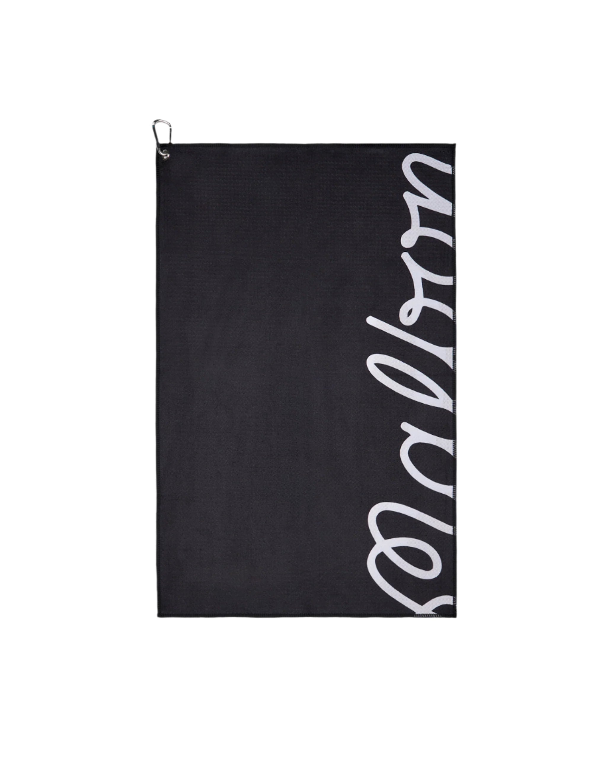 Black towel with white text on a white background