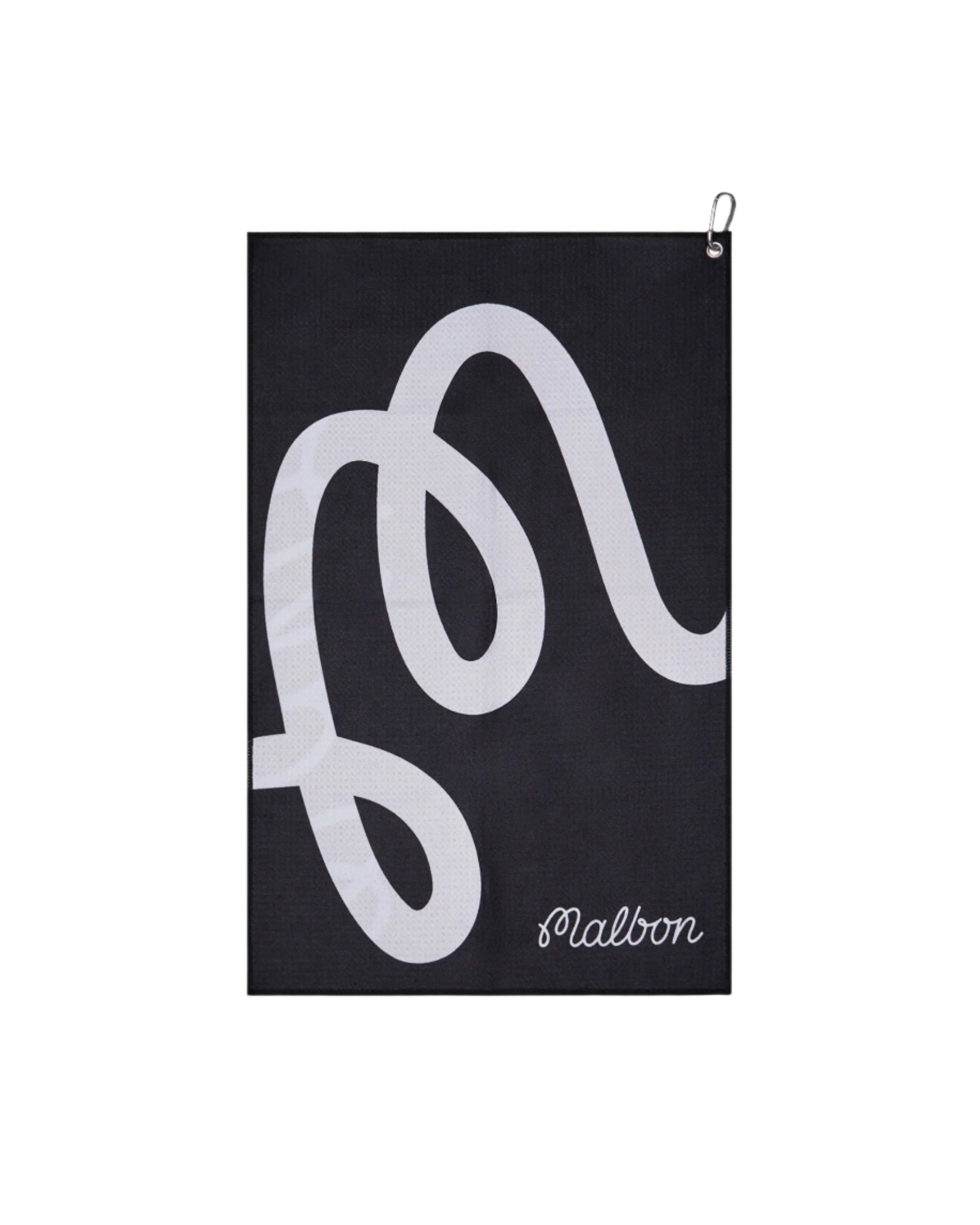 Black towel with white logo and 'Malbon' text on a white background