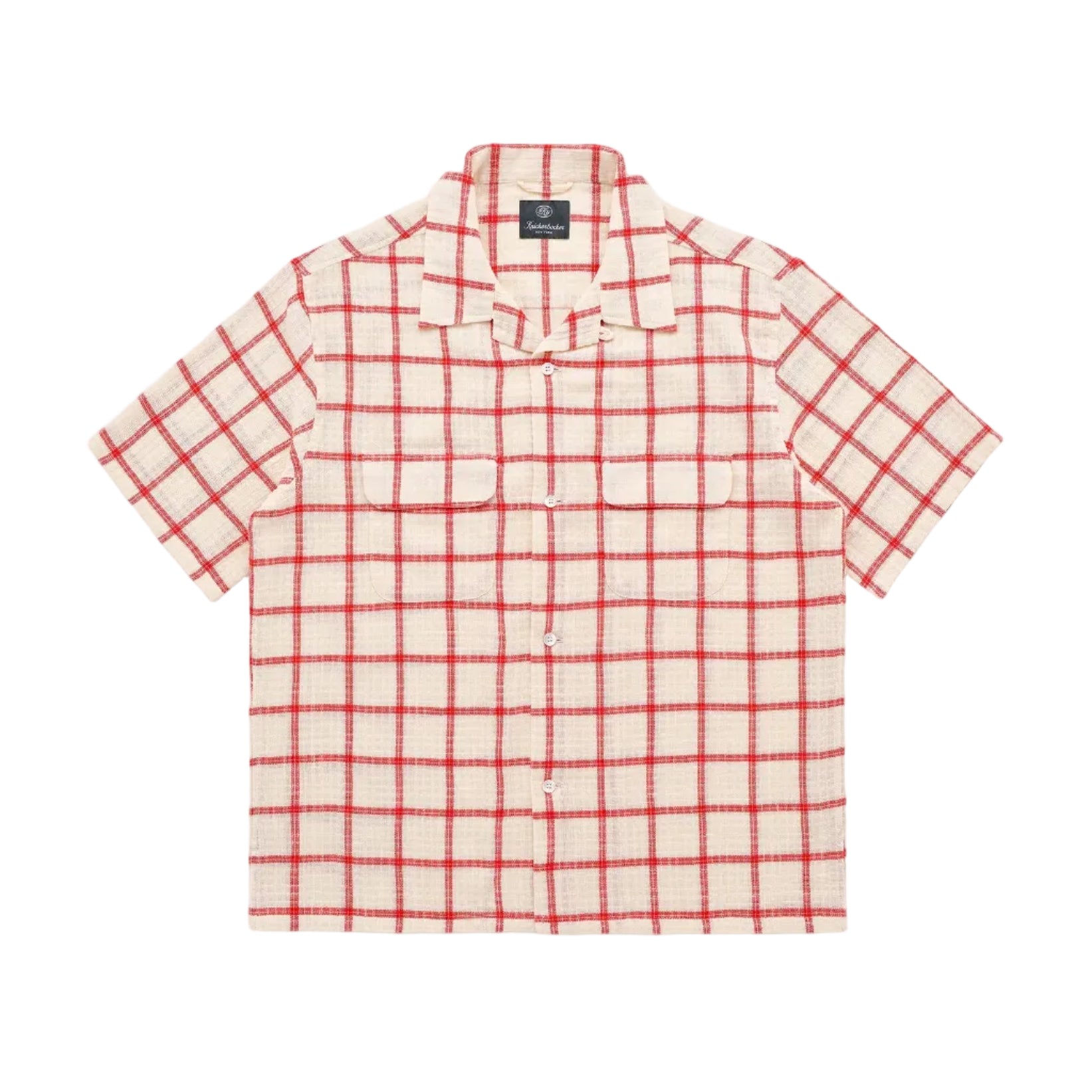 An ecru & red check camp collar shirt on a white background