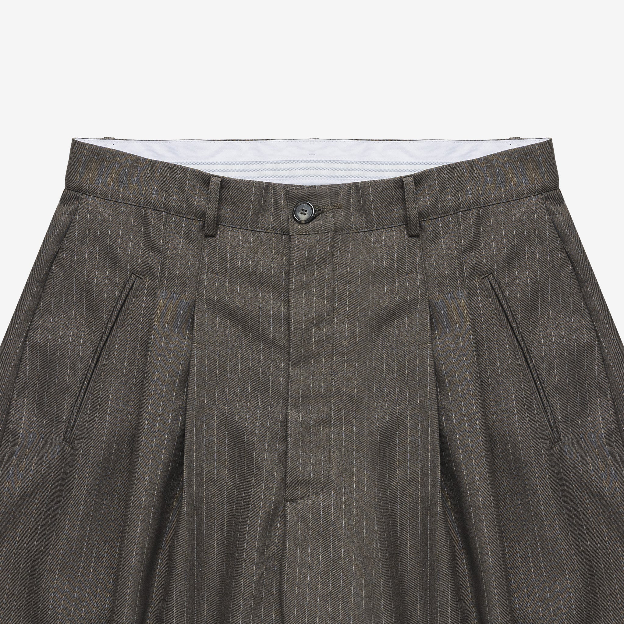 Brown pinstripe pants on a white background
