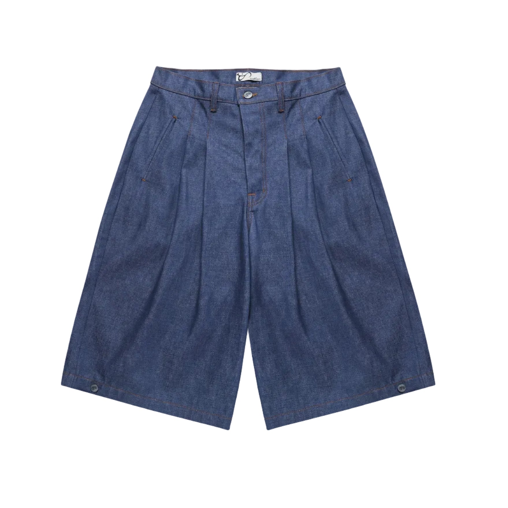 Blue denim shorts on a white background