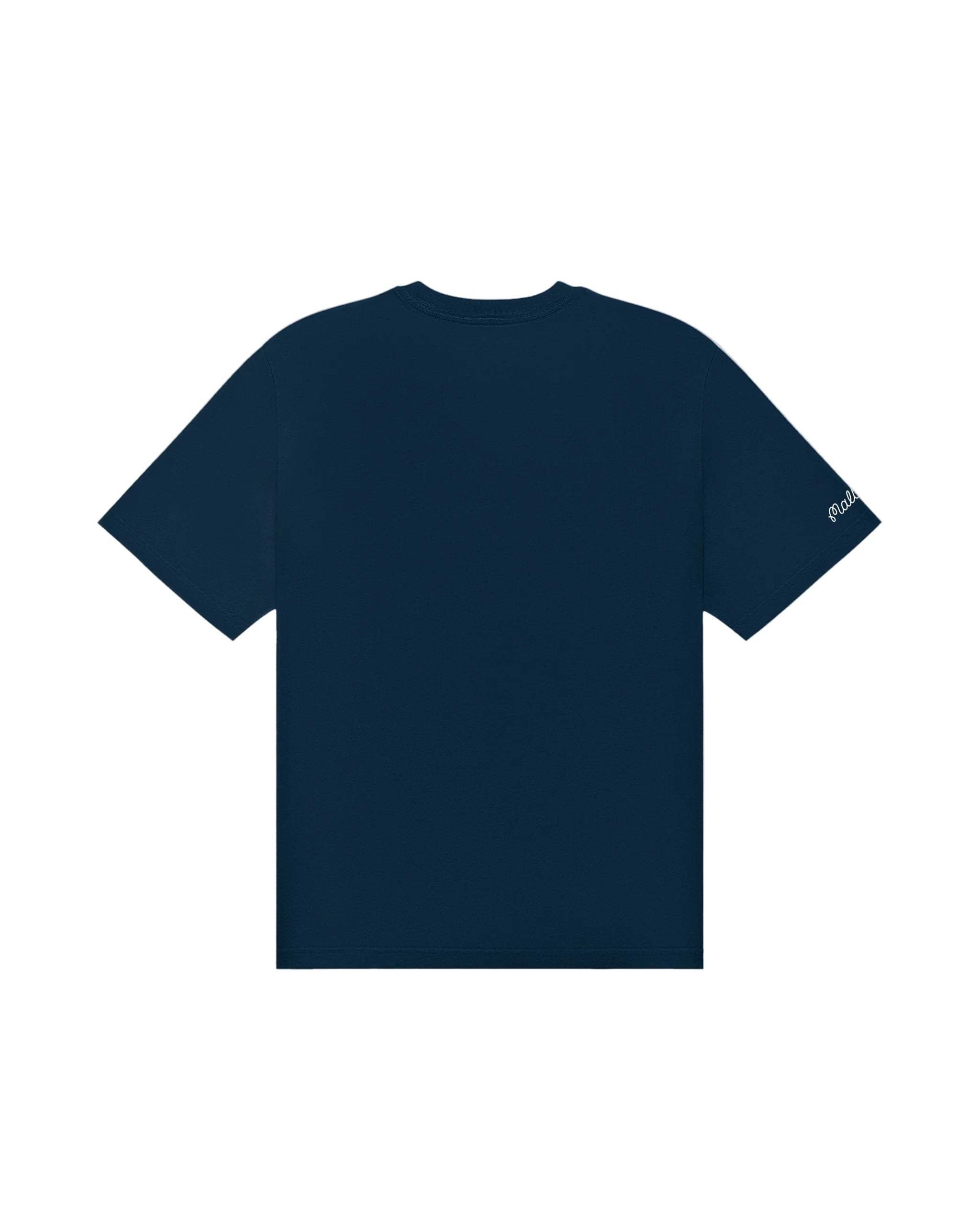 Malbon Golf Bermuda Tee in navy blue, back view showing plain design and sleeve logo