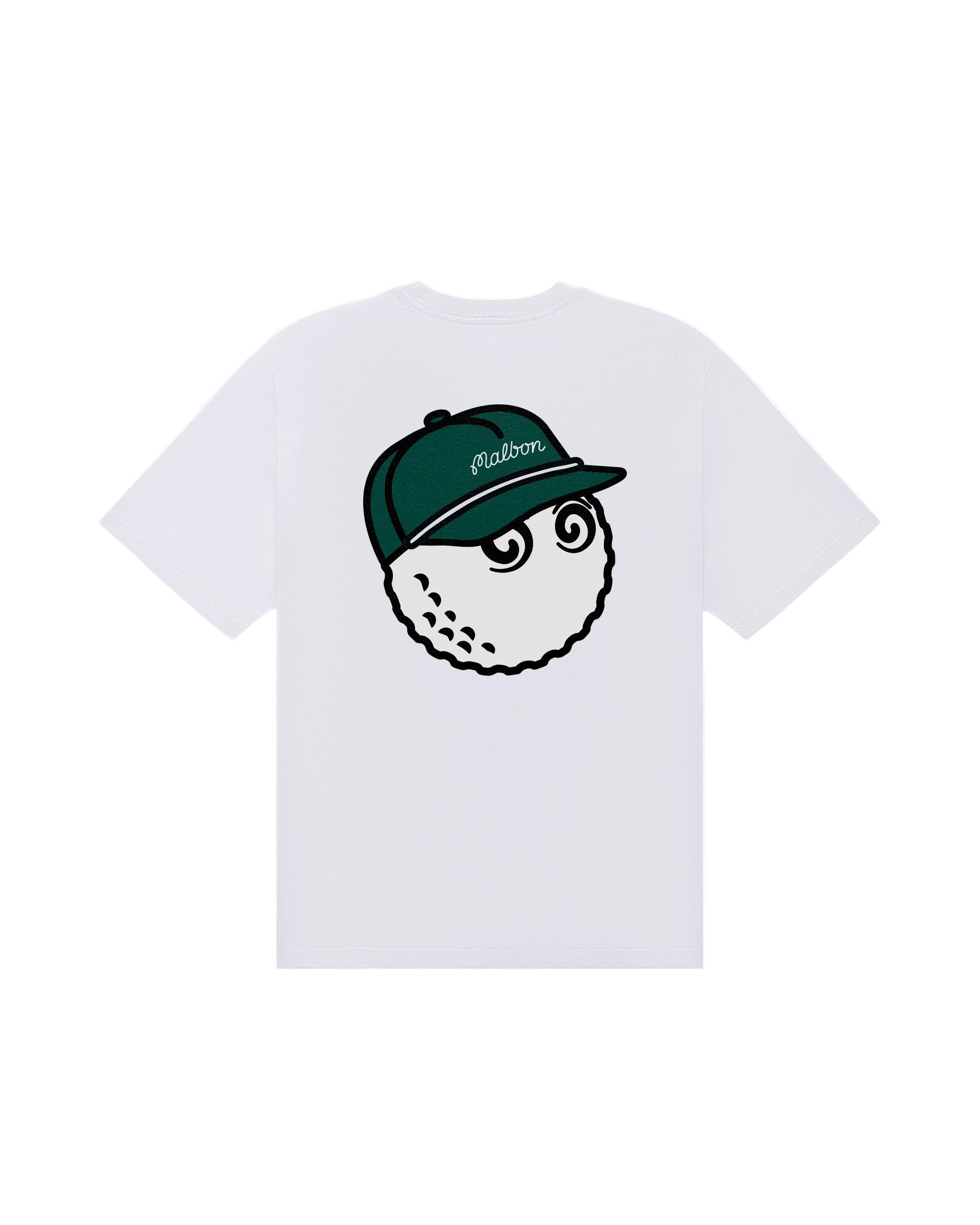 White t-shirt with a graphic of a golf ball wearing a cap on a white background