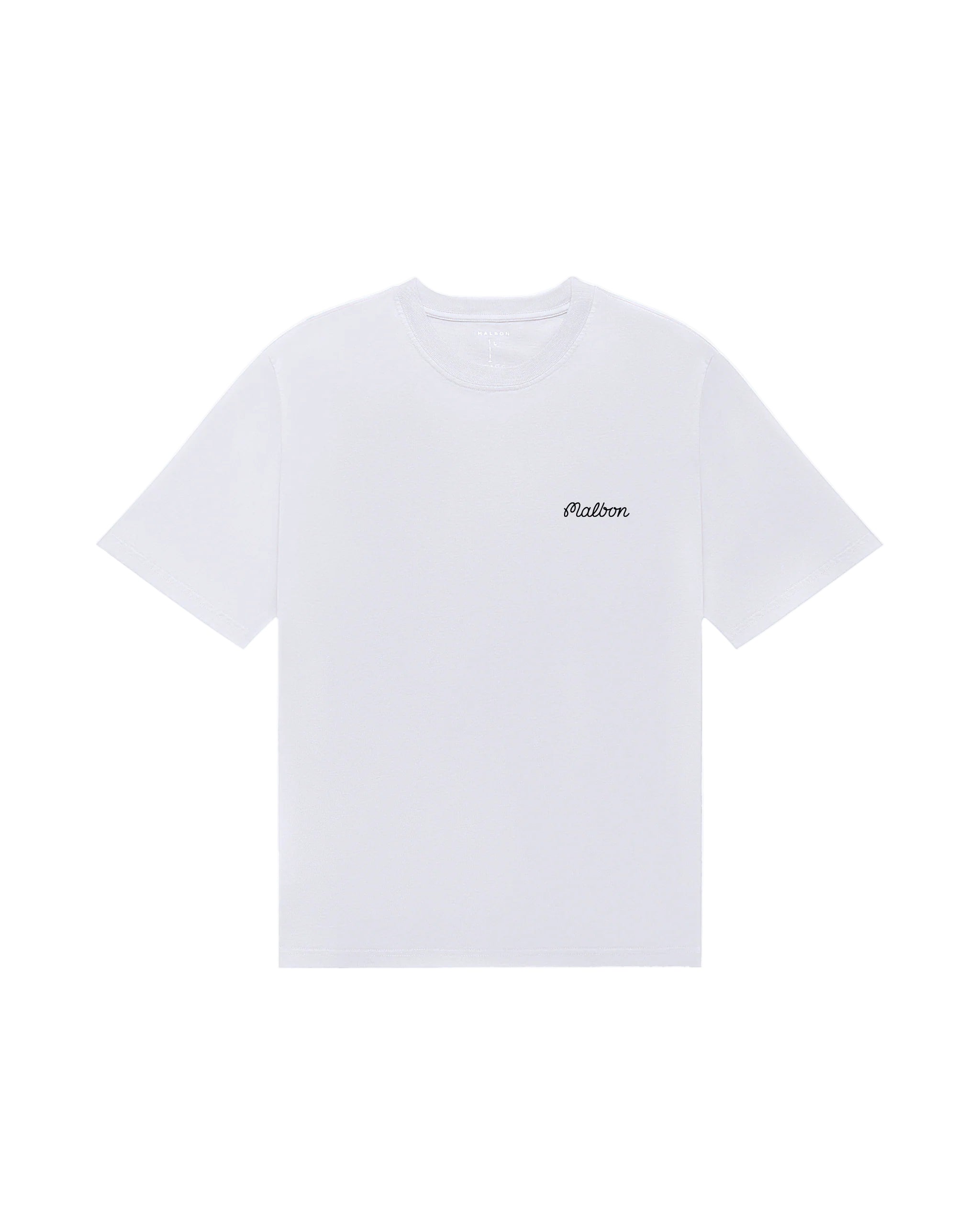 White t-shirt with a brand logo on a white background