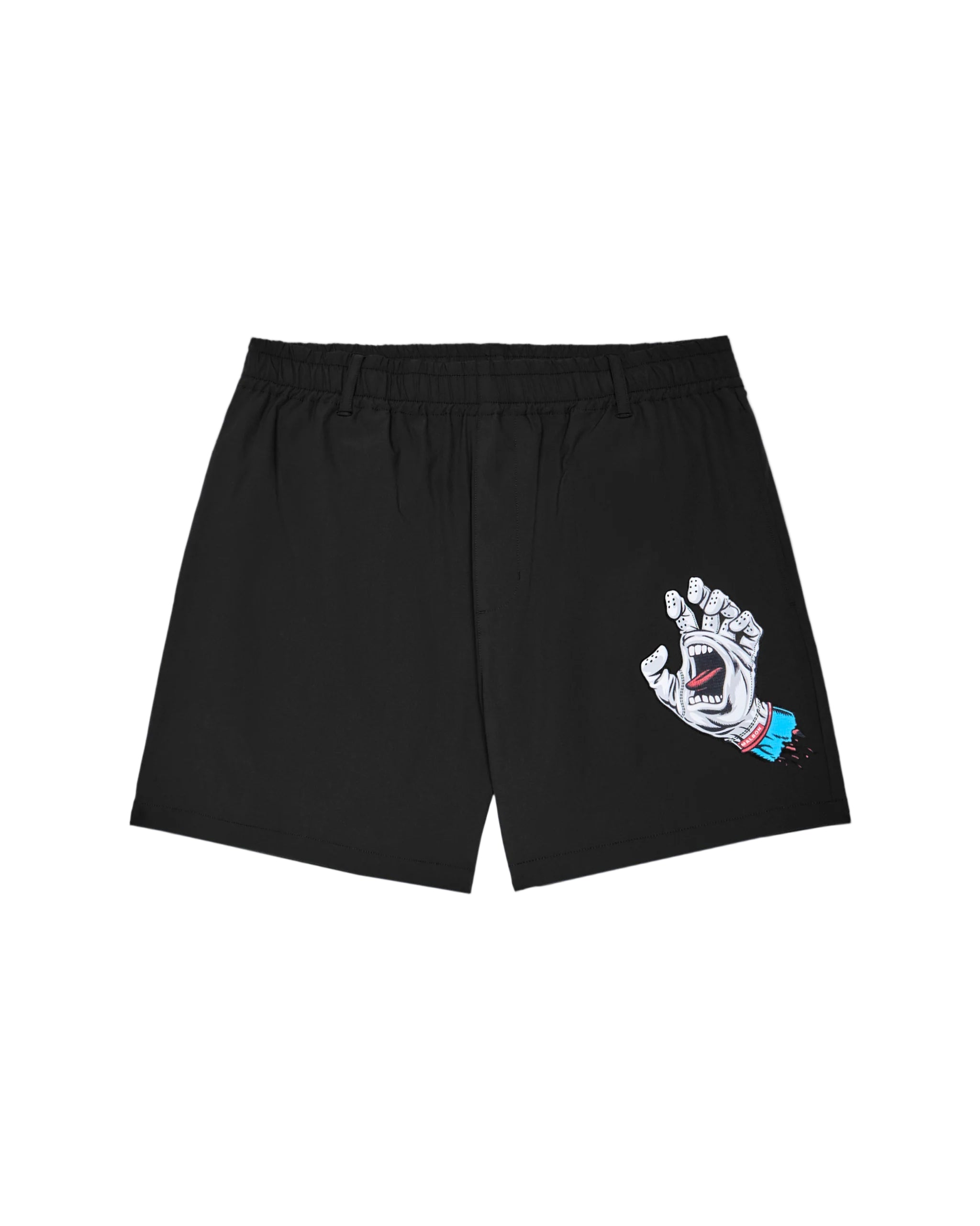 Black shorts with a graphic design on a light gray background